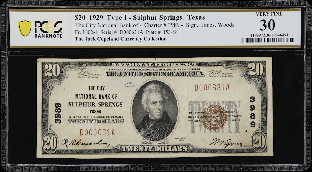 Sulphur Springs, Texas. $20 1929 Ty. 1. Fr. 1802-1. City NB. Charter