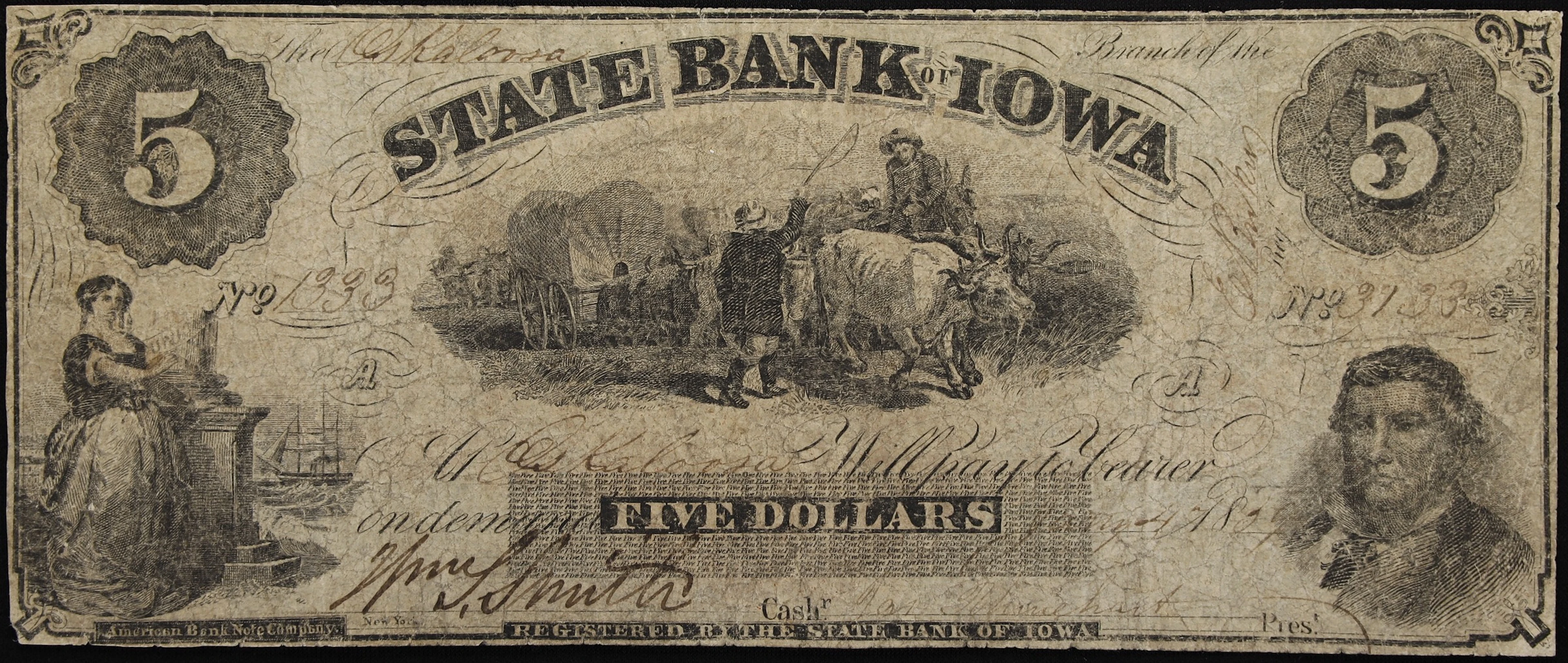 Oskaloosa, Iowa. State Bank of Iowa. 1859 $5. Very Good to Fine. Contemporary
