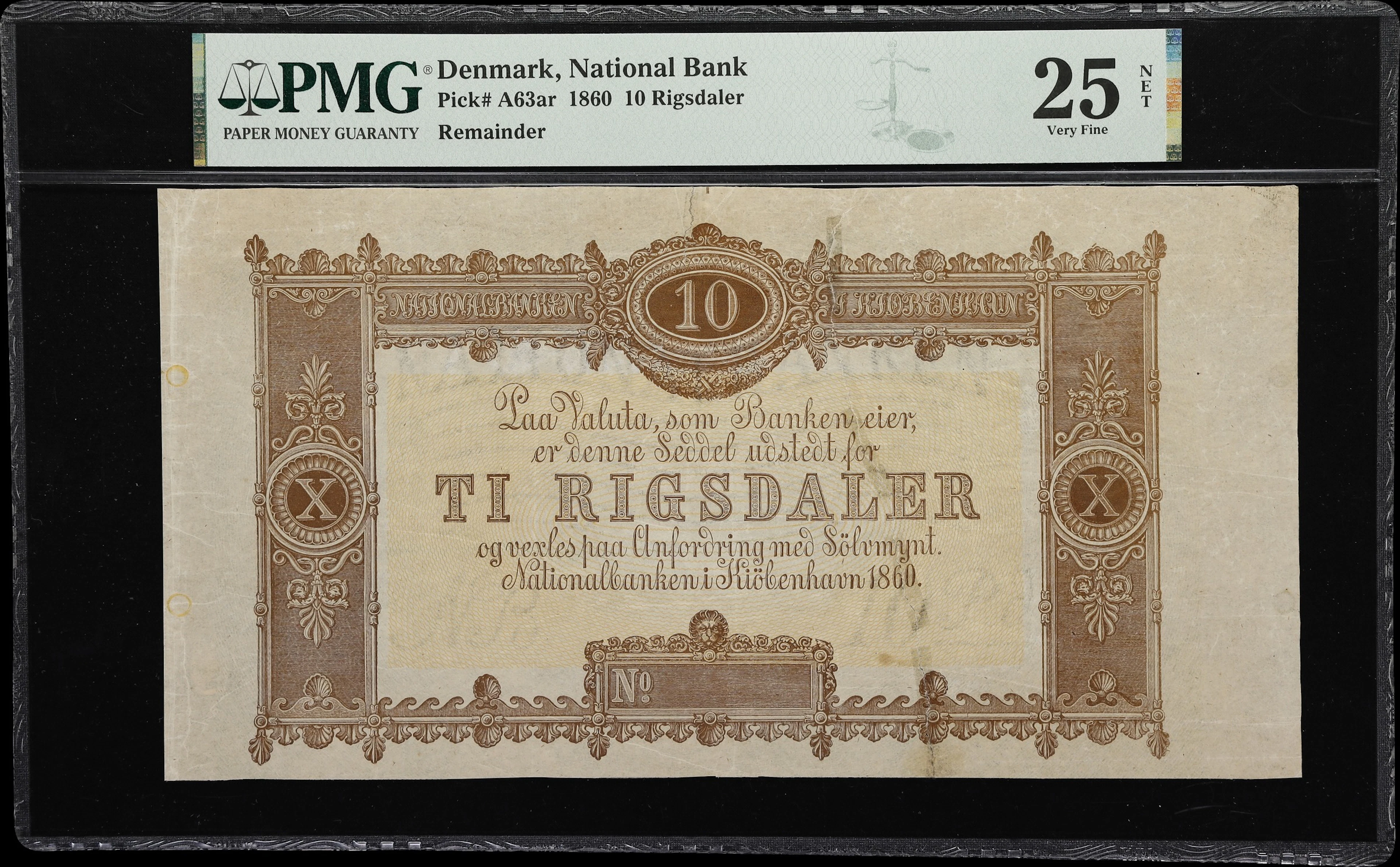 (◊) DENMARK. Nationalbanken i Kiobenhavn. 10 Rigsdaler, 1860. P-A63ar.