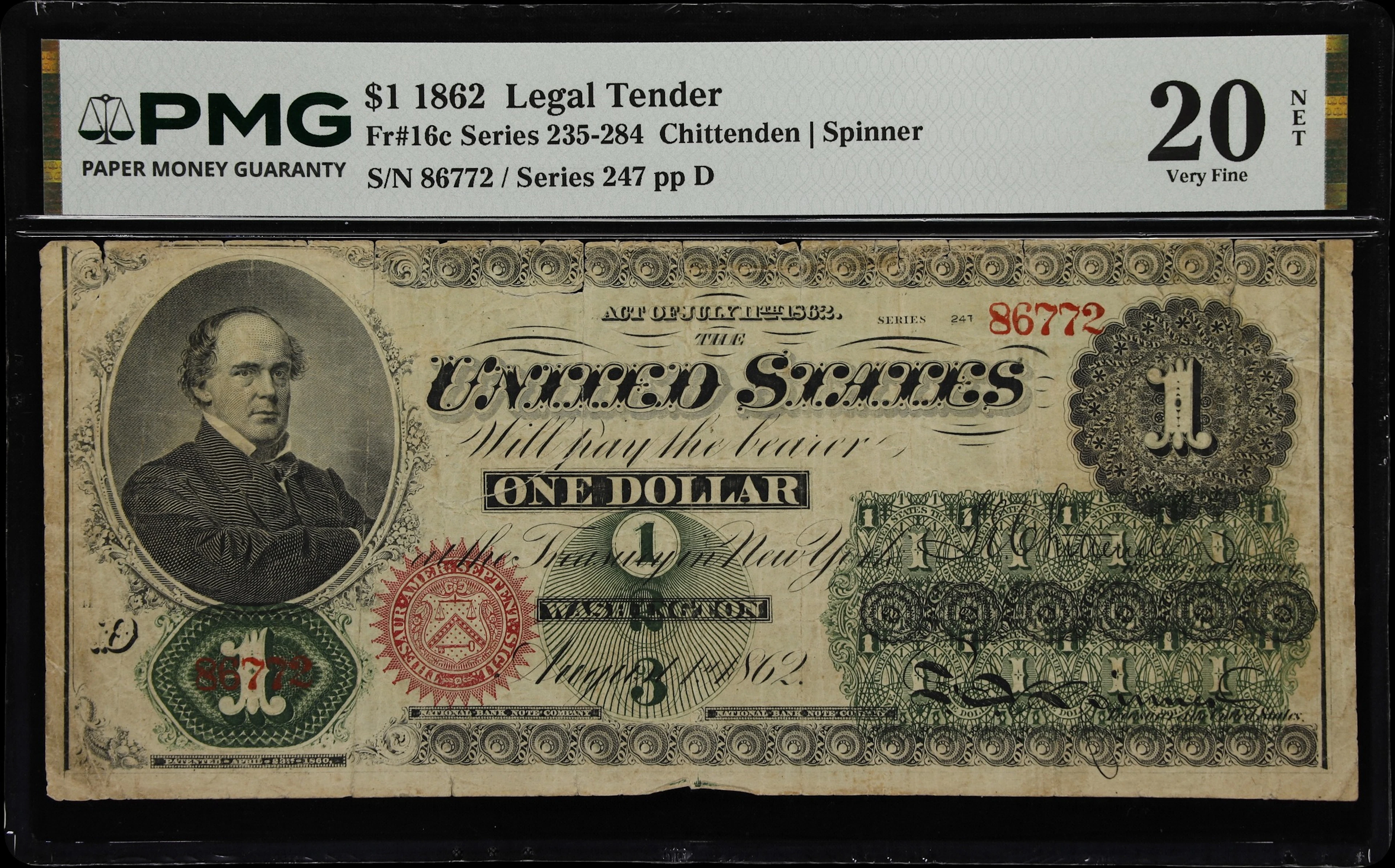 Fr. 16c. 1862 $1 Legal Tender Note. PMG Very Fine 20 Net. Tears.