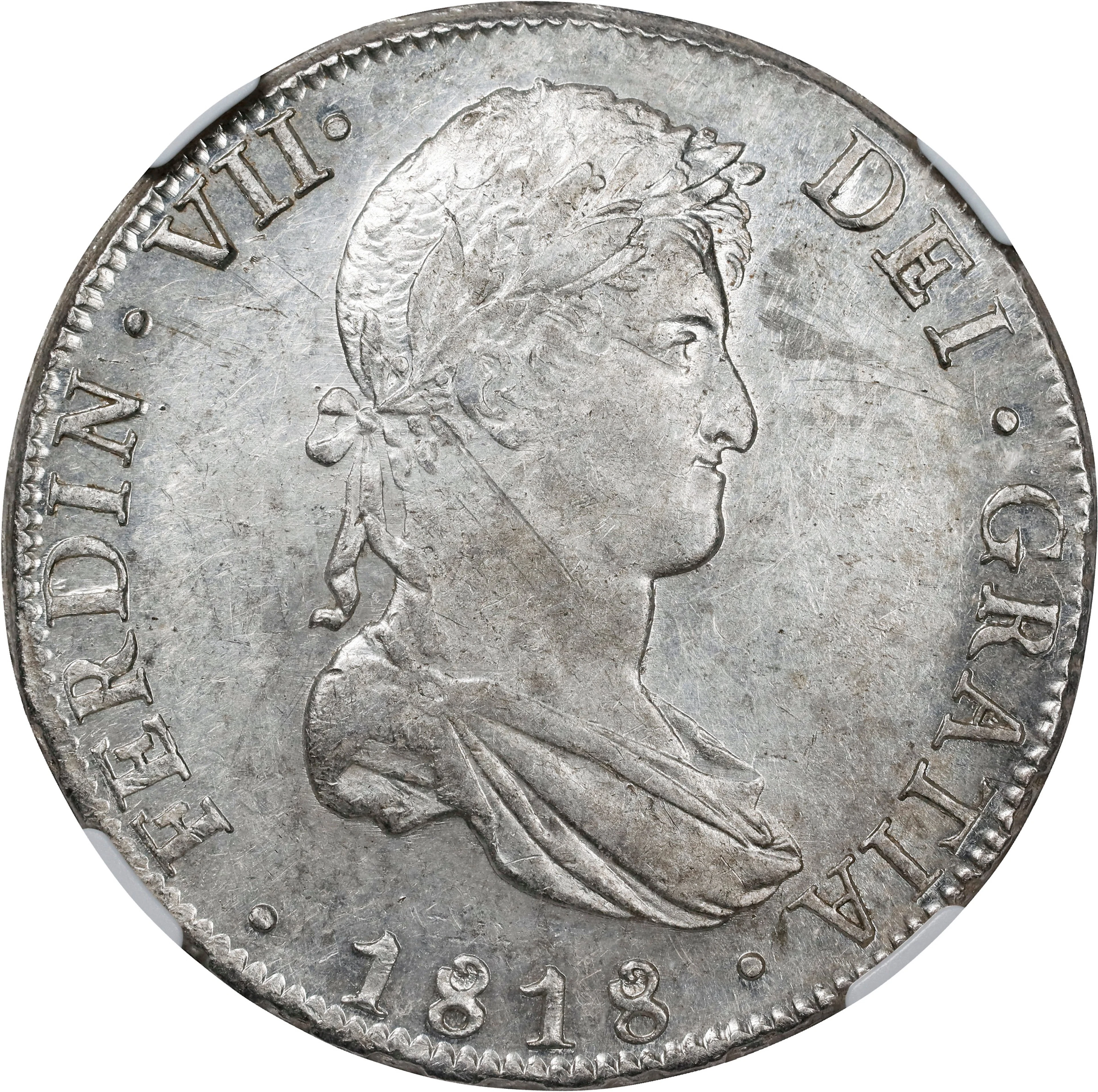 BOLIVIA. 8 Reales, 1818-PTS PJ. Potosi Mint. Ferdinand VII. NGC AU-58.