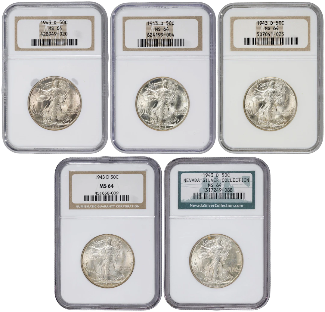 Lot of (5) 1943-D Walking Liberty Half Dollars. MS-64 (NGC).