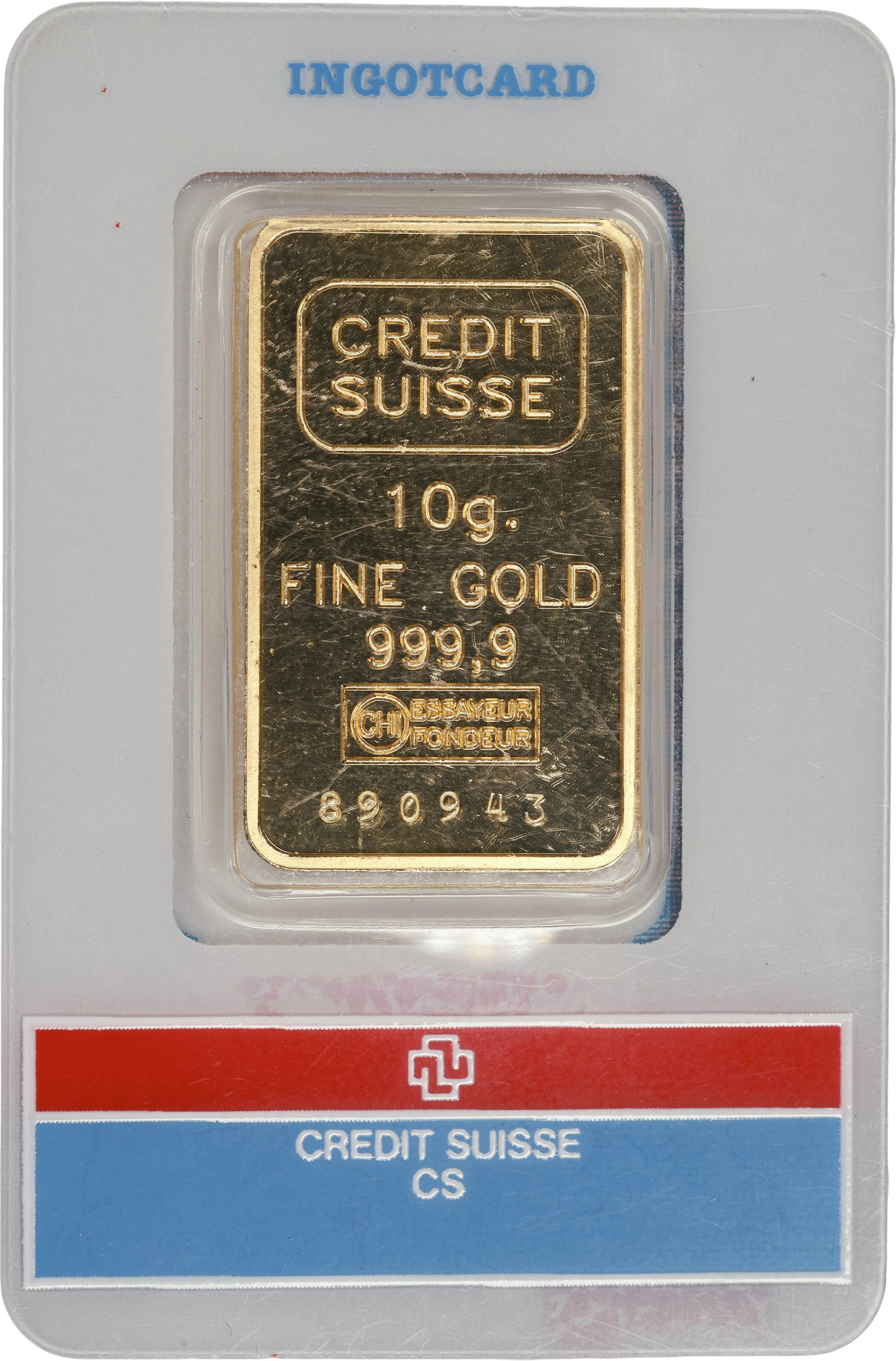 (0.322 oz, 10 g AGW). Credit Suisse 10 gram Gold Bar.