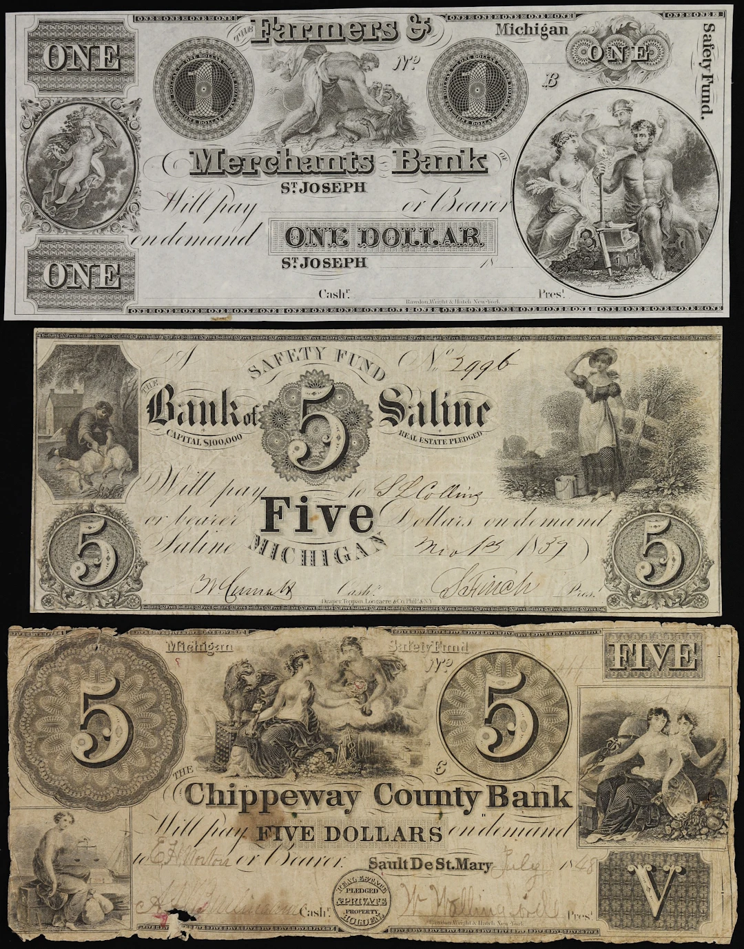 Lot of (3) Michigan Obsoletes. Mixed Issuers. 18xx-48 $1 & $5. Very