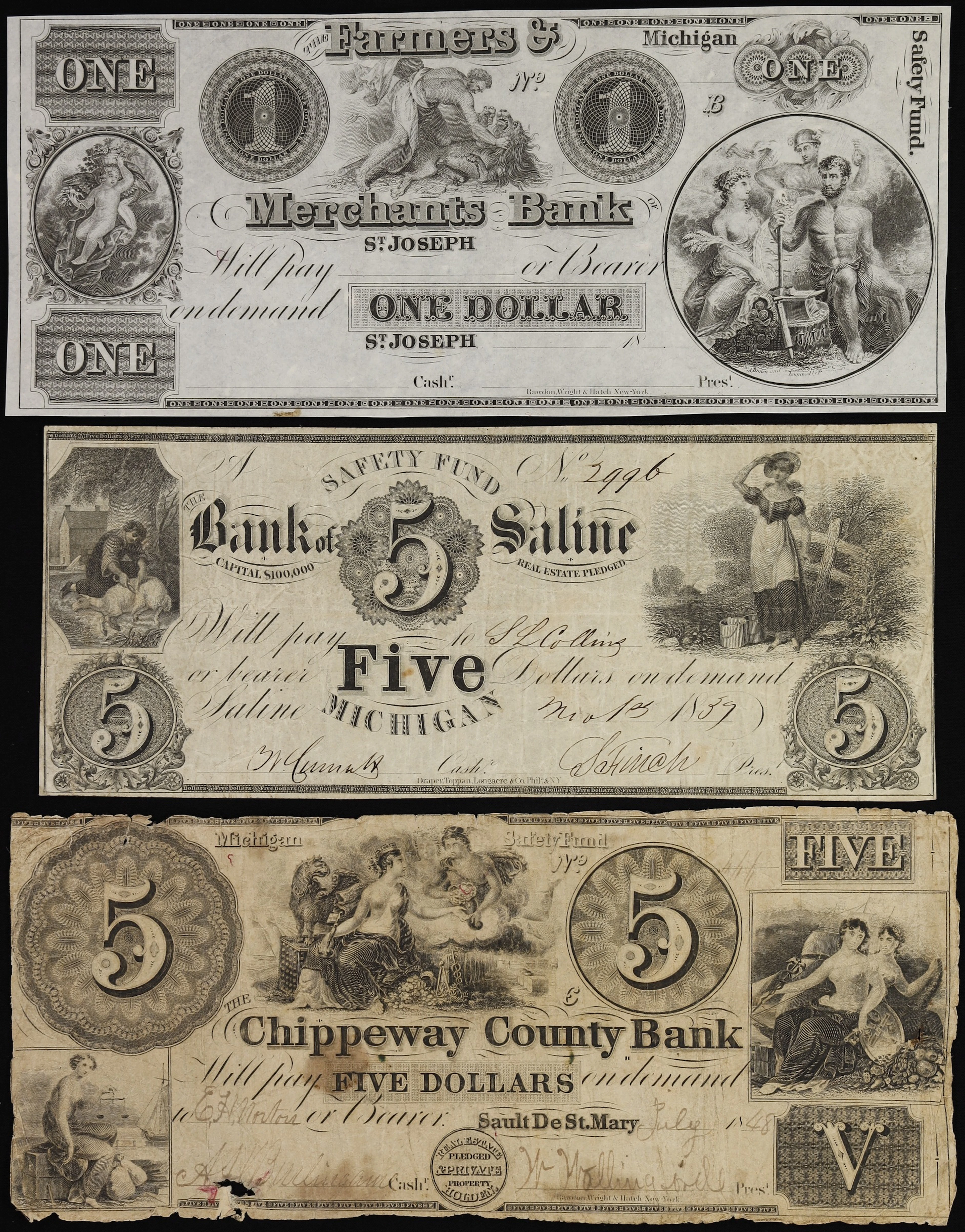 Lot of (3) Michigan Obsoletes. Mixed Issuers. 18xx-48 $1 & $5. Very