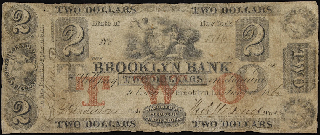 Brooklyn, New York. Brooklyn Bank. 1862 $2. Very Good.