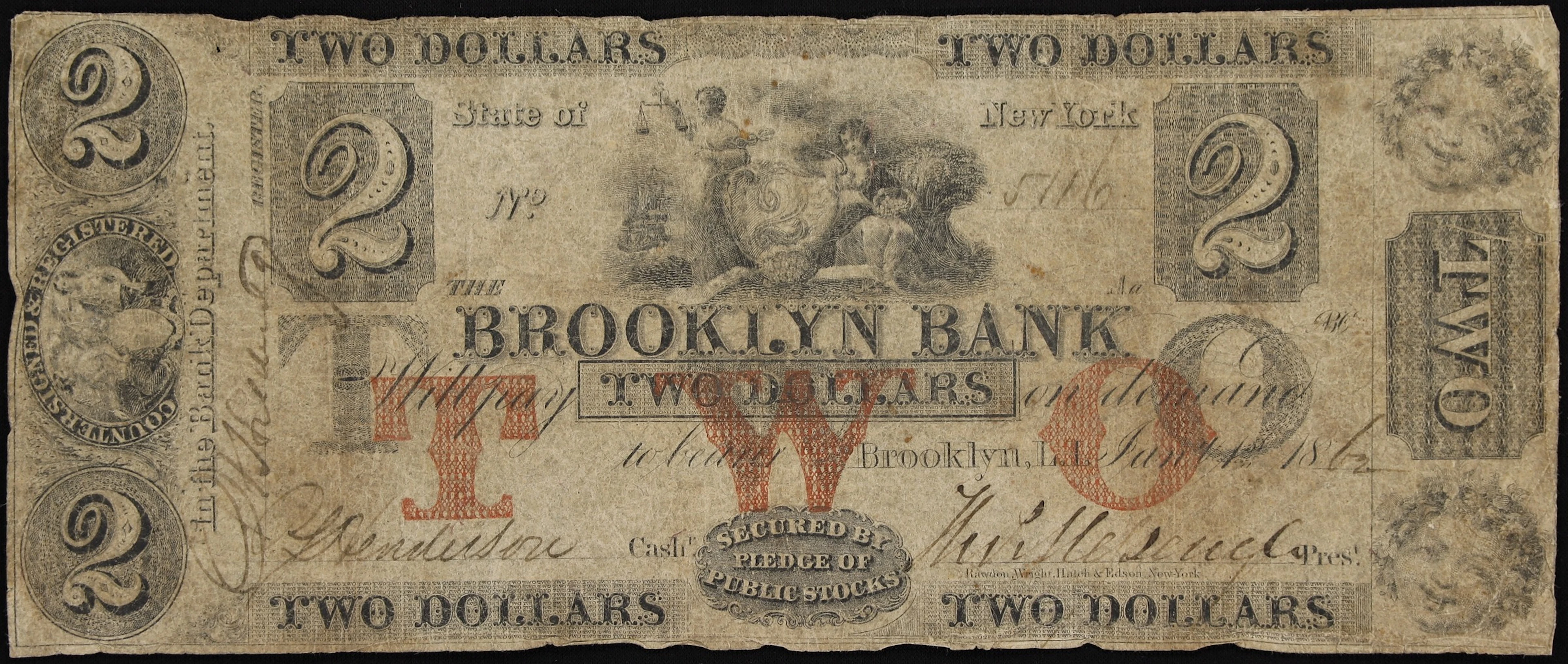 Brooklyn, New York. Brooklyn Bank. 1862 $2. Very Good.