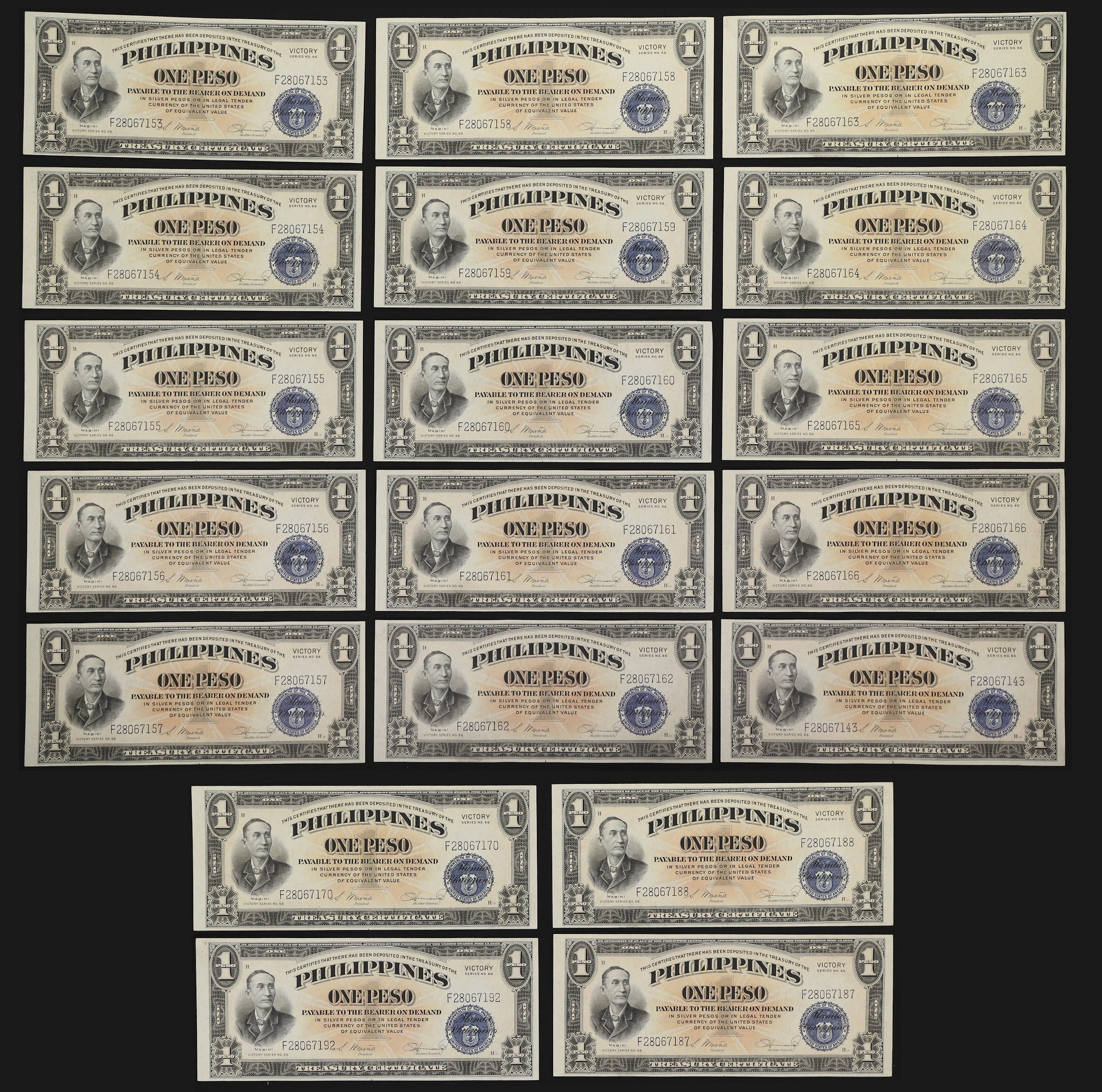 PHILIPPINES. Lot of (19). Treasury of the Philippines. 1 Peso, ND