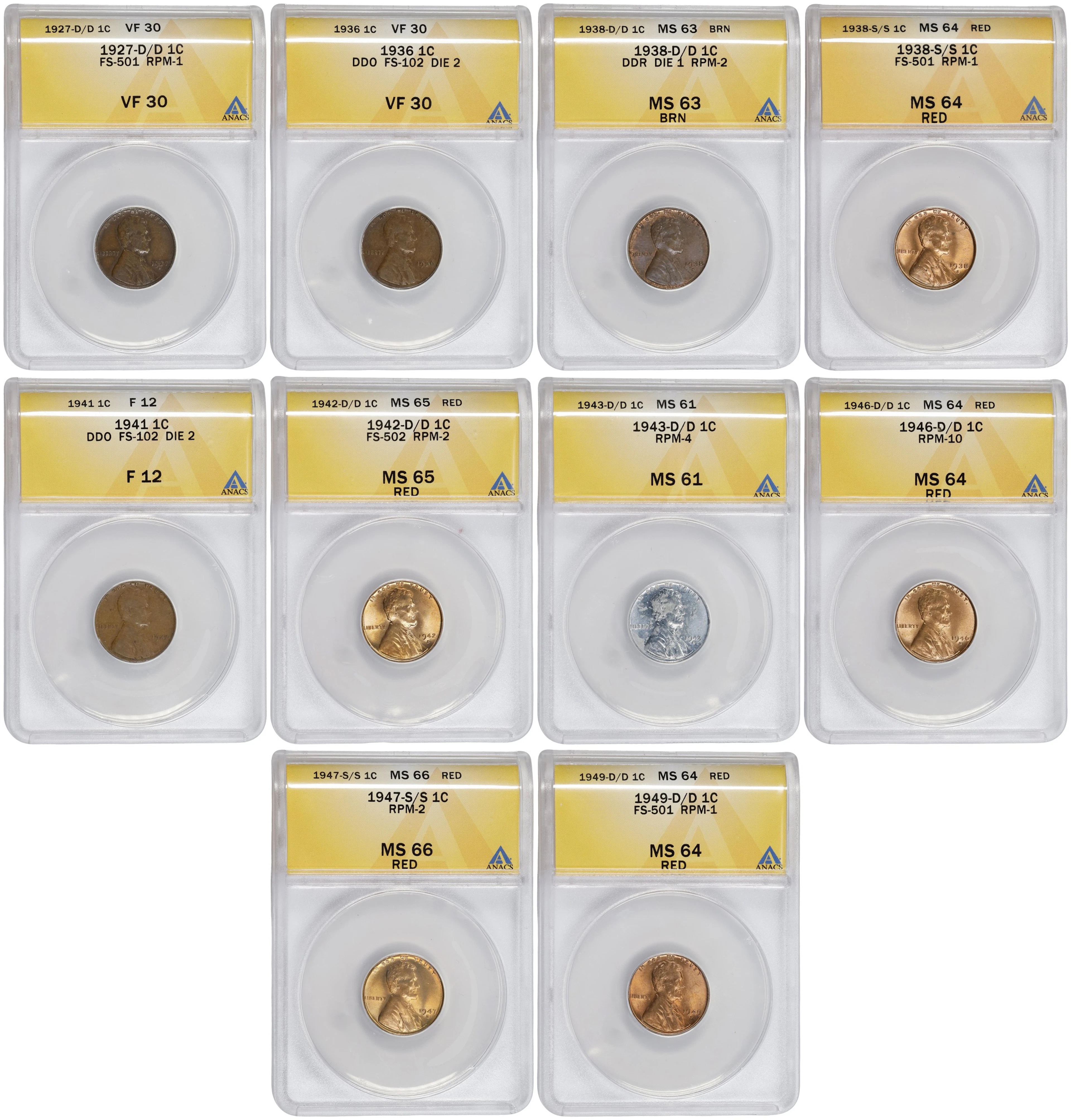 Lot of (10) Lincoln Cent Varieties. (ANACS).