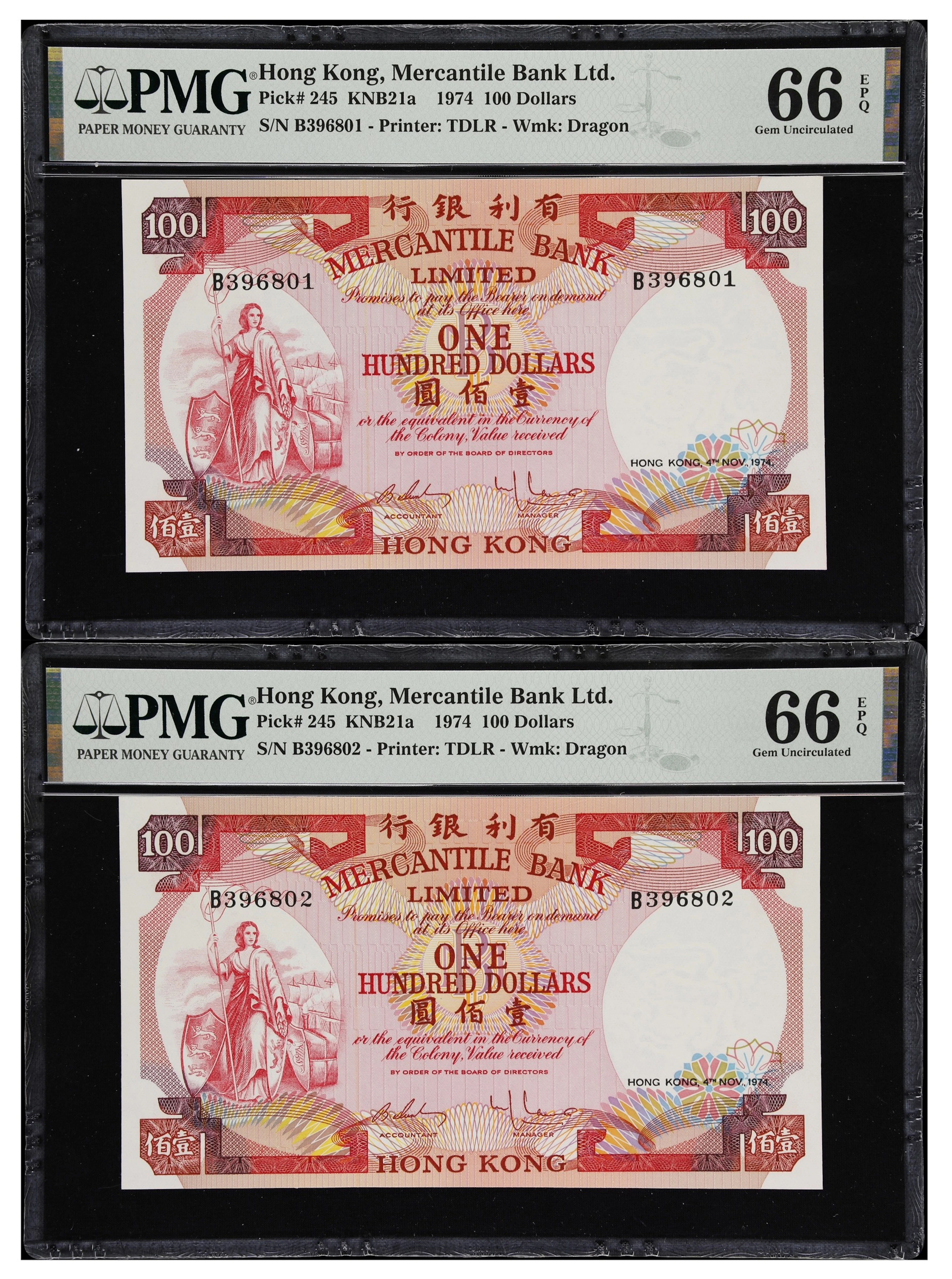 HONG KONG (SAR). Lot of (2). Mercantile Bank Limited. 100 Dollars