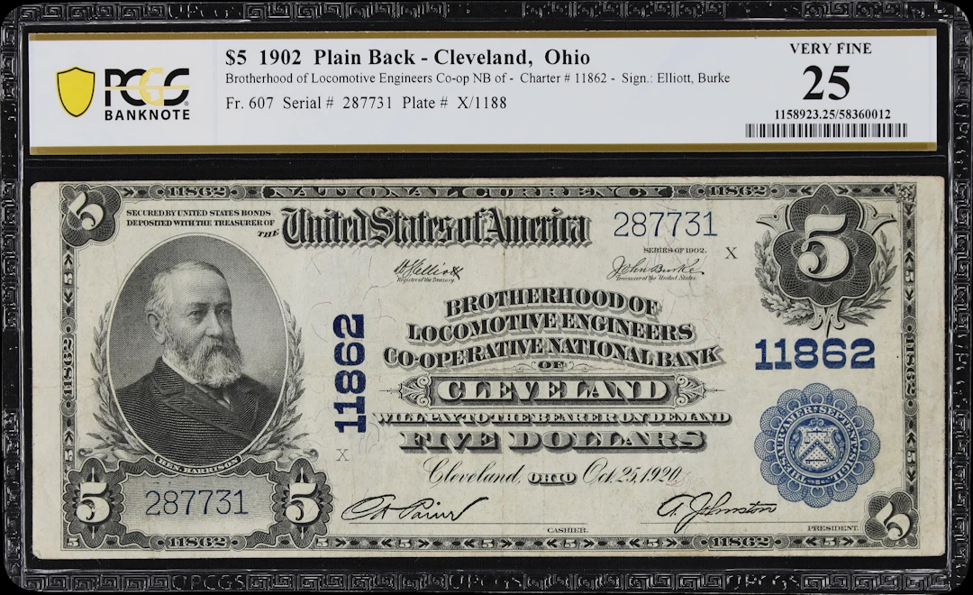 Cleveland, Ohio. $5 1902 Plain Back. Fr. 607. Brotherhood of Locomotive
