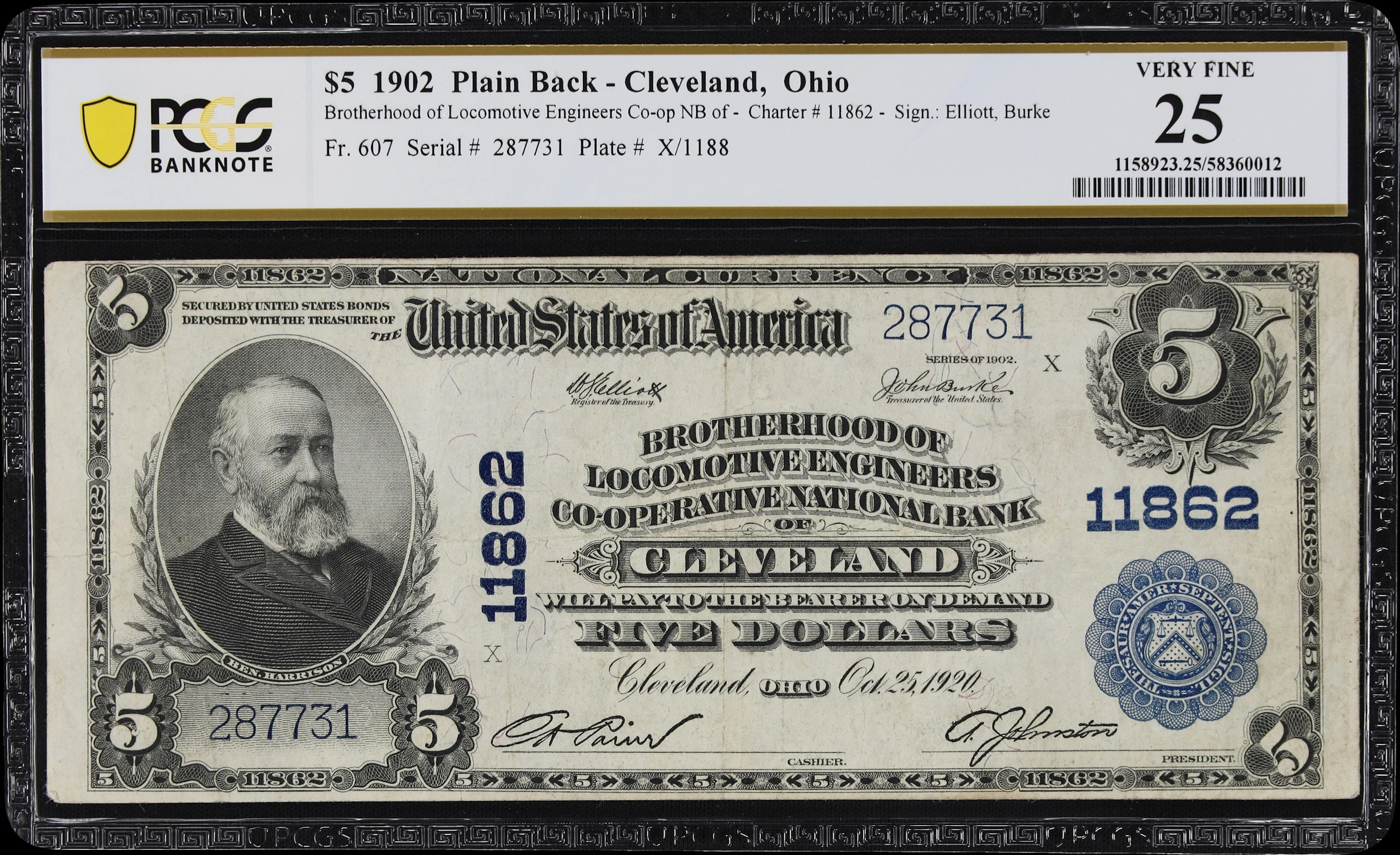 Cleveland, Ohio. $5 1902 Plain Back. Fr. 607. Brotherhood of Locomotive
