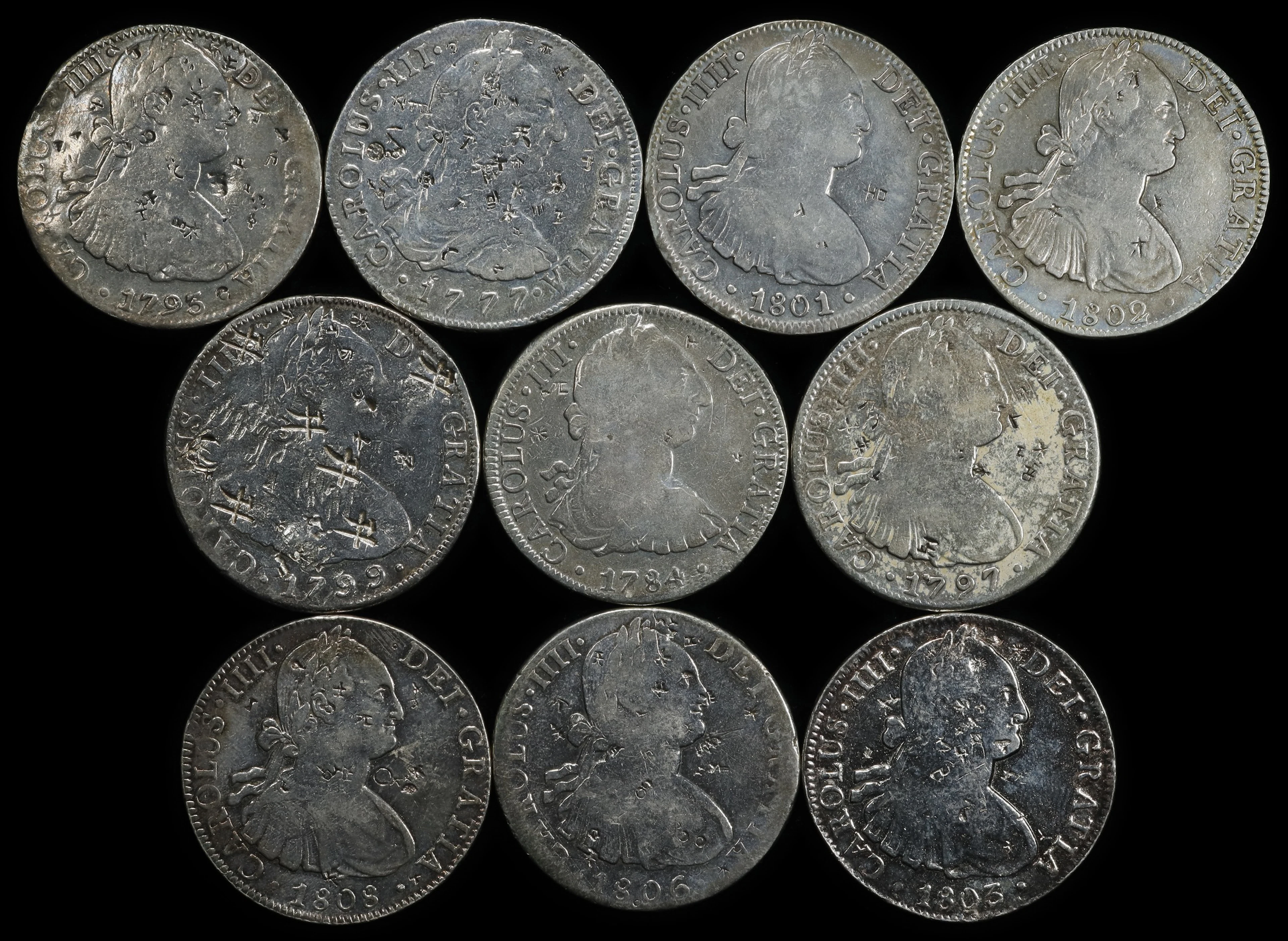 SPANISH COLONIAL. Group of Chopmarked 8 Reales (10 Pieces), 1773-1808.