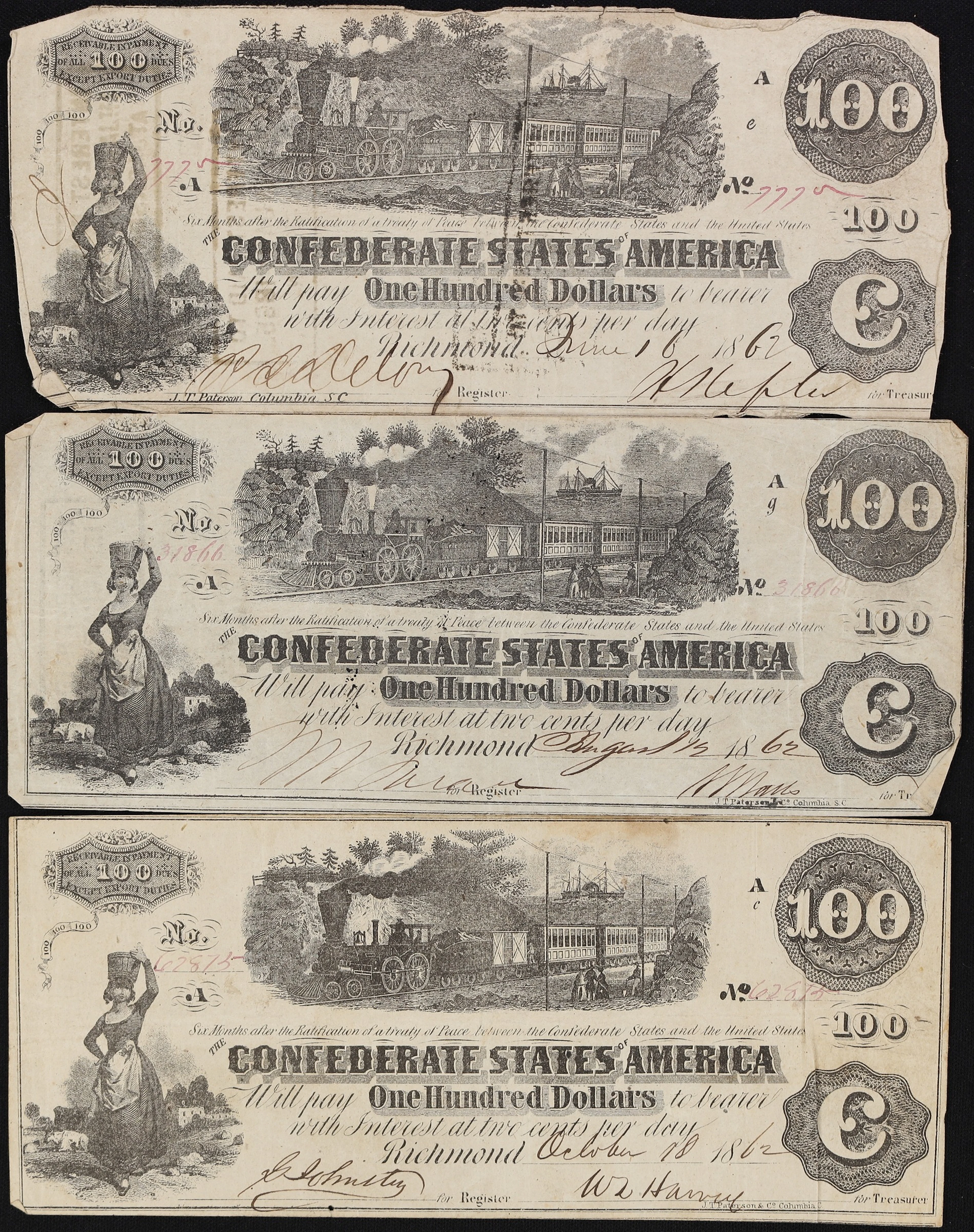 Lot of (3) T-39 & T-40. Confederate Currency. 1862 $100. Very Fine.