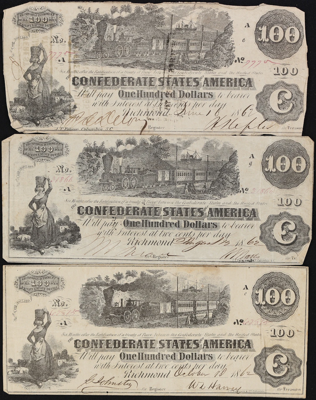Lot of (3) T-39 & T-40. Confederate Currency. 1862 $100. Very Fine.