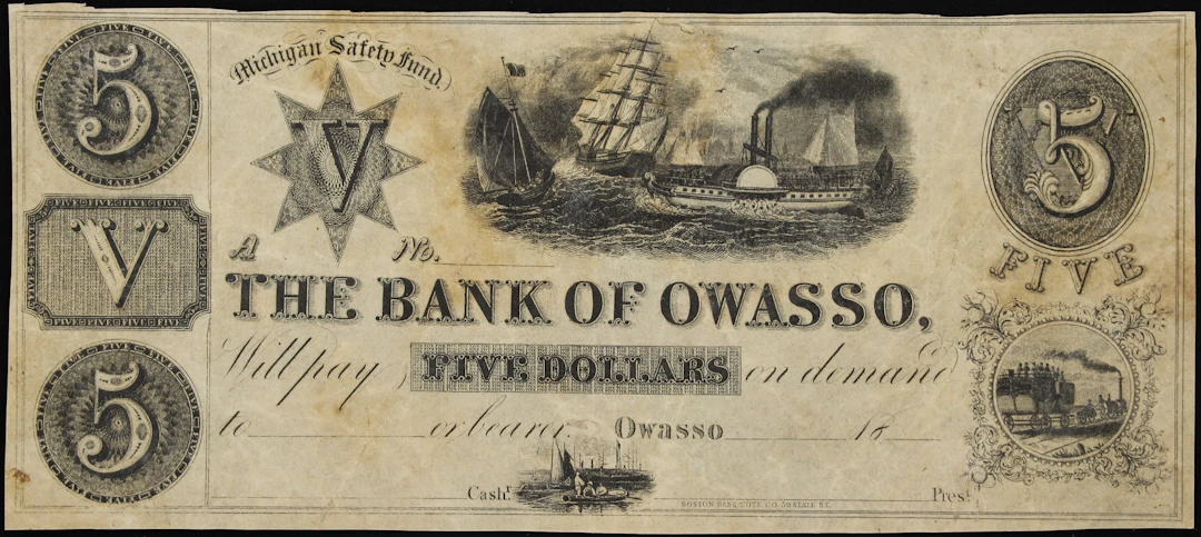 Owasso, Michigan. Bank of Owasso. 18xx $5. Very Fine. Remainder.