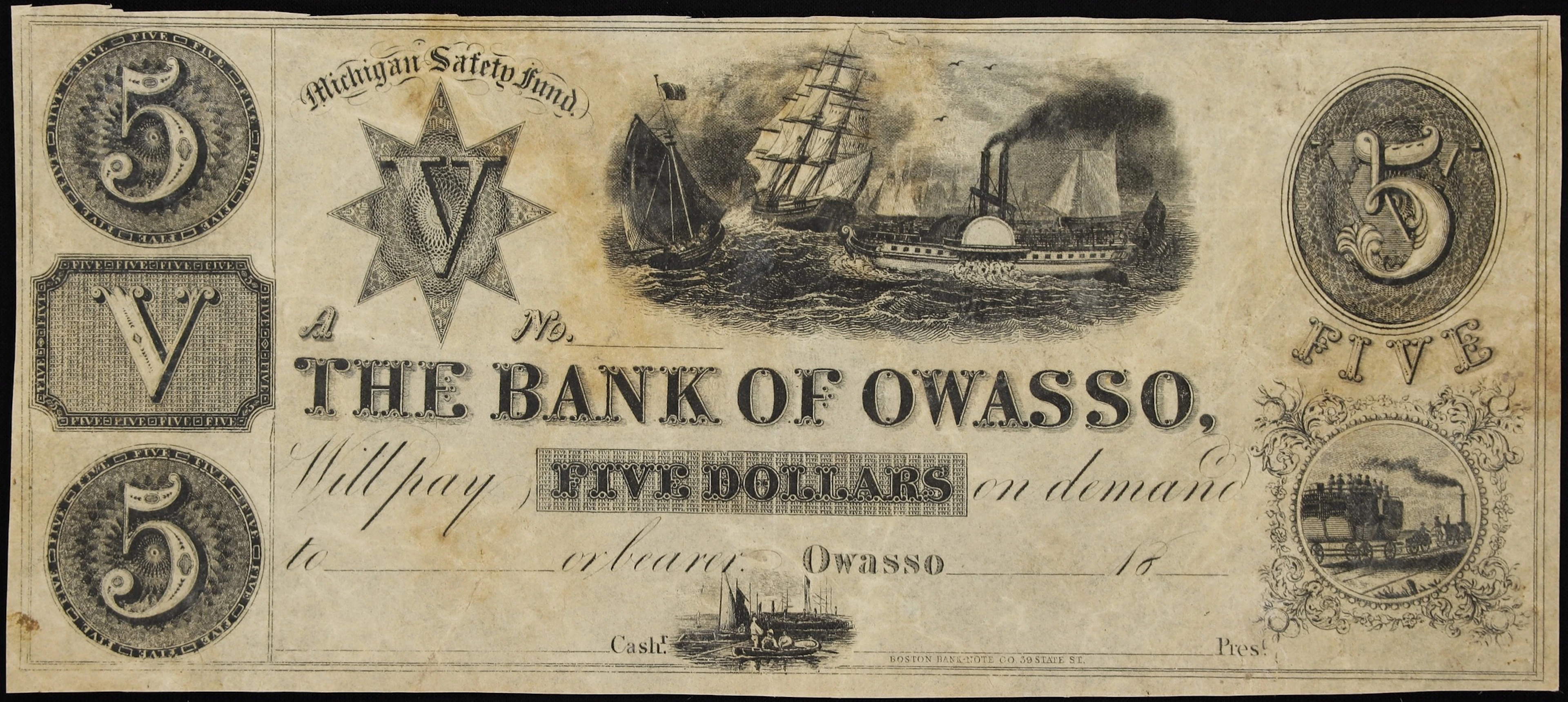 Owasso, Michigan. Bank of Owasso. 18xx $5. Very Fine. Remainder.