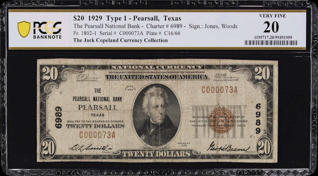 Pearsall, Texas. $20 1929 Ty. 1. Fr. 1802-1. Pearsall NB. Charter