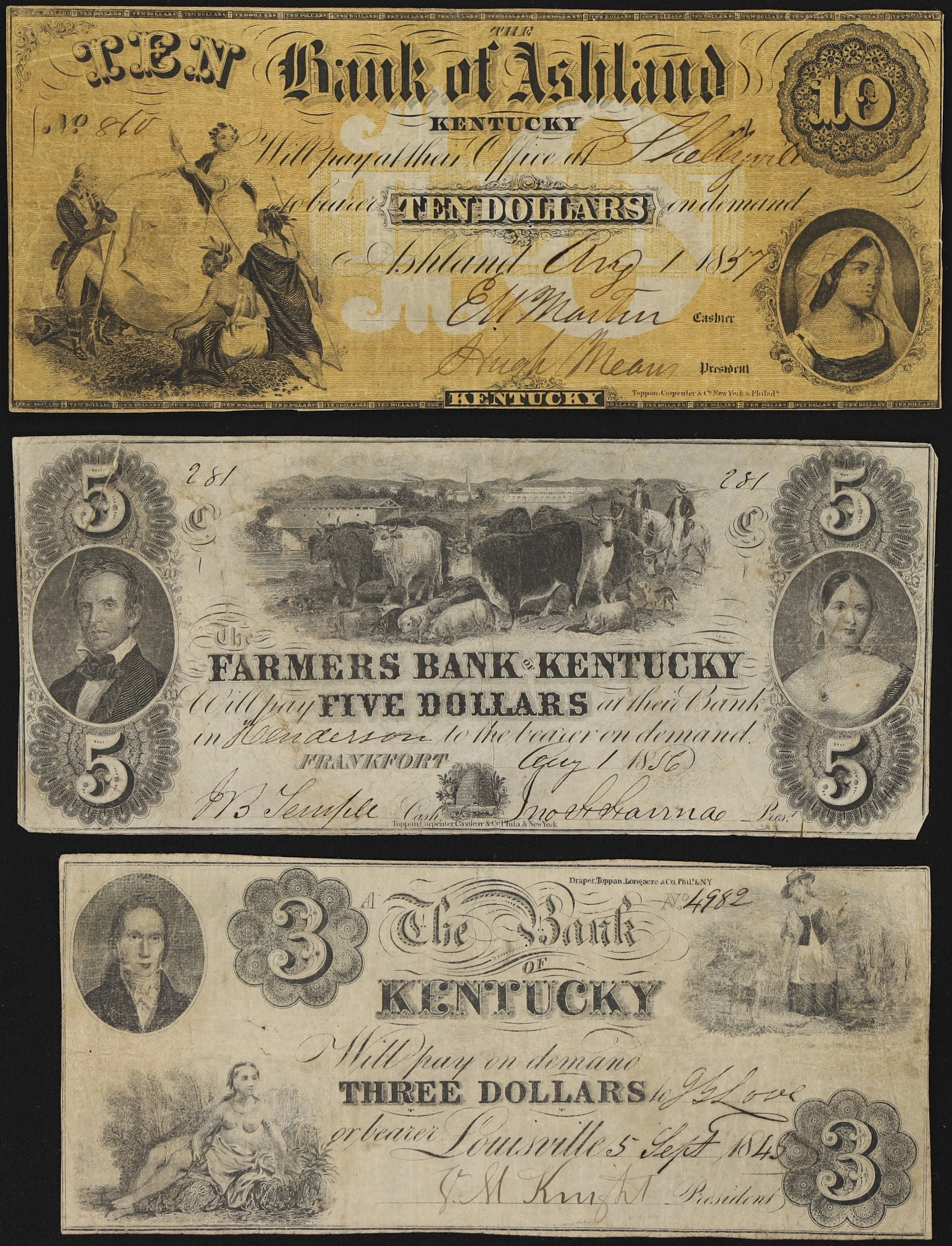 Lot of (3) Kentucky Obsoletes. Mixed Issuers. 1845 - 57 $3, $5, &