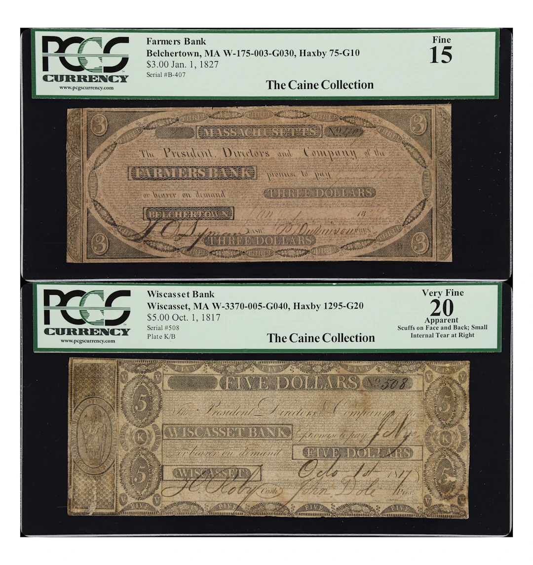 Lot of (2) Belchertown & Wiscasset, Massachusetts. Farmers Bank &