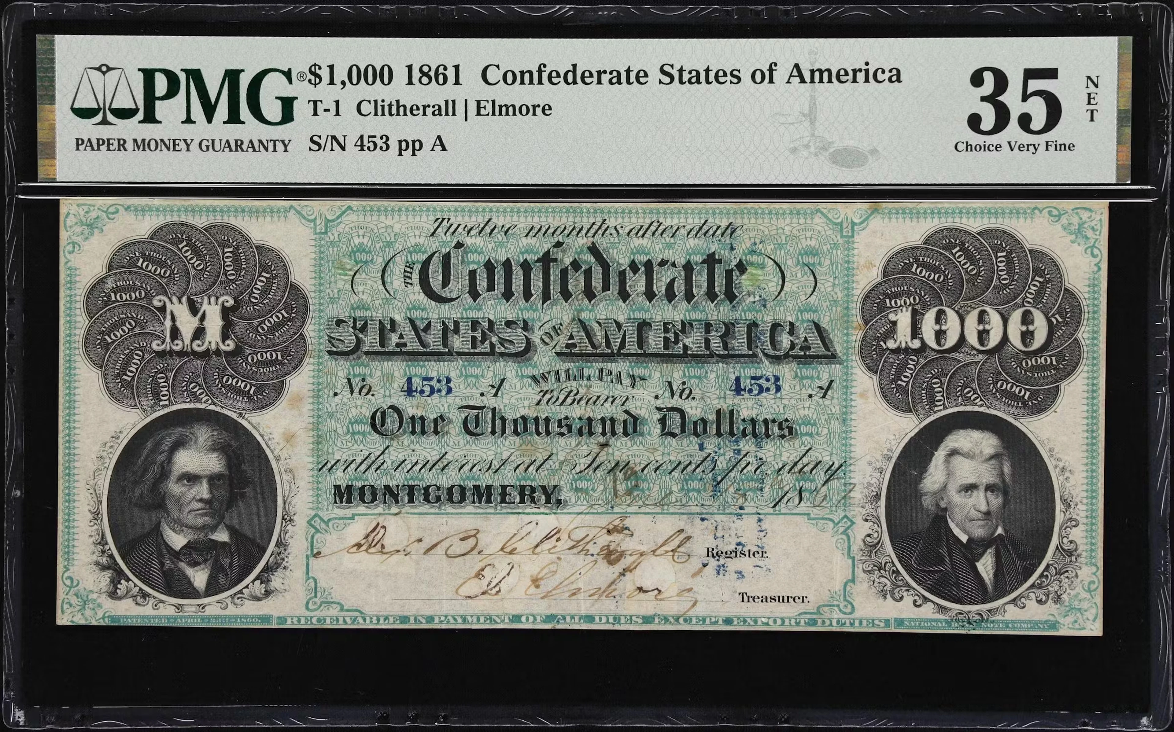 T-1. Confederate Currency. 1861 $1000. PMG Choice Very Fine 35 Net.