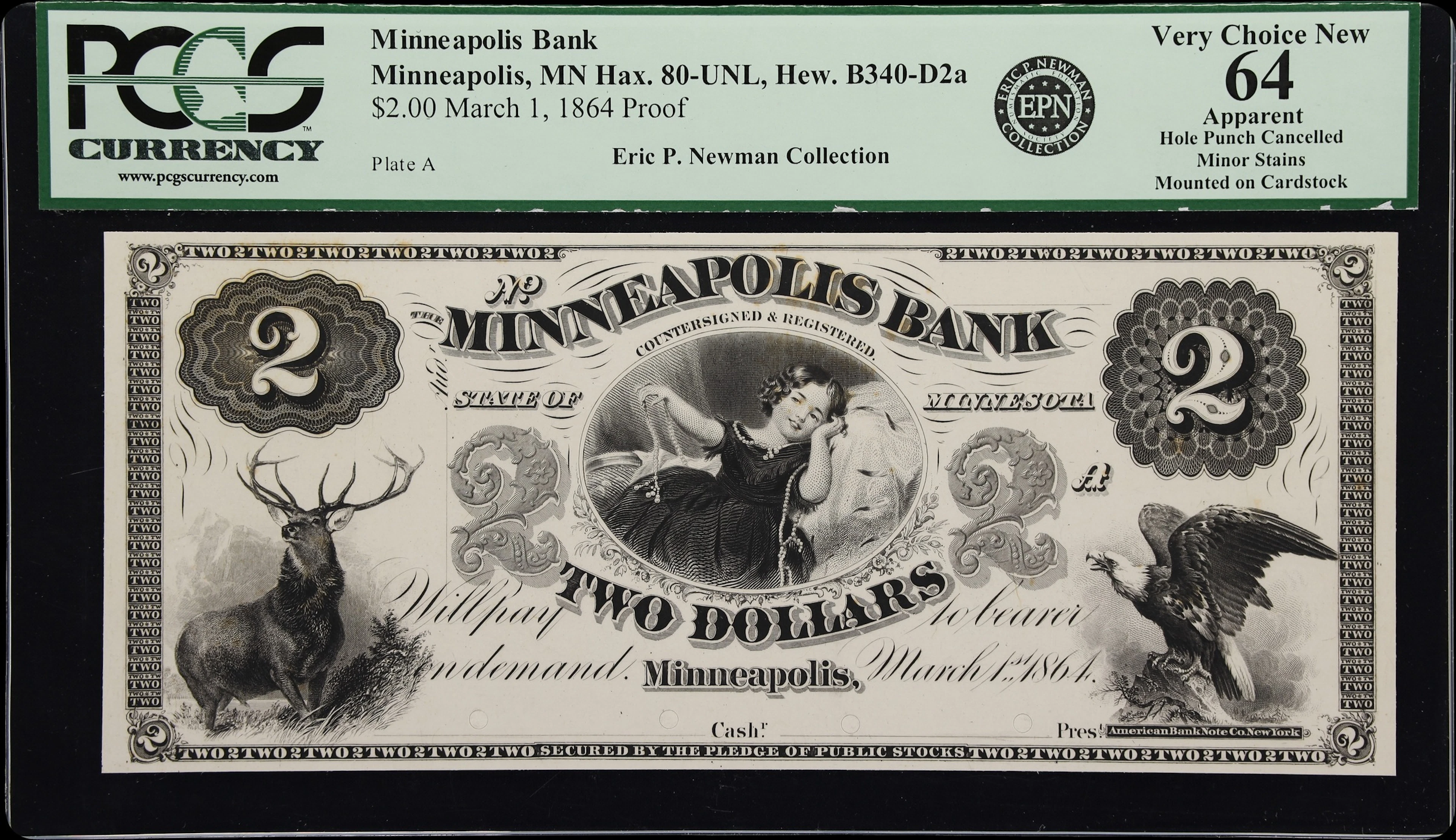 Minneapolis, Minnesota. Minneapolis Bank. 1864 $2. PCGS Currency Very