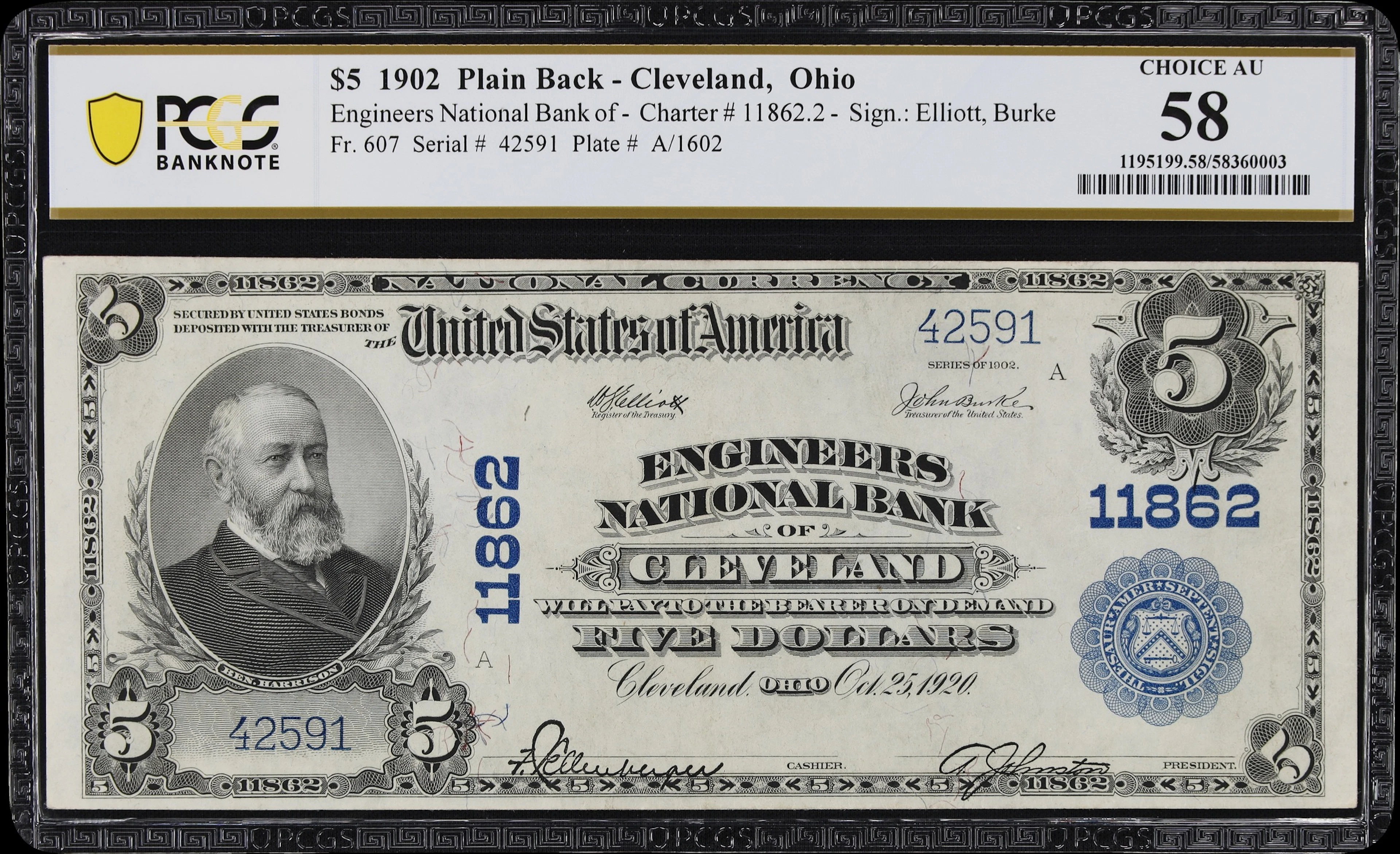 Cleveland, Ohio. $5 1902 Plain Back. Fr. 607. Engineers NB. Charter