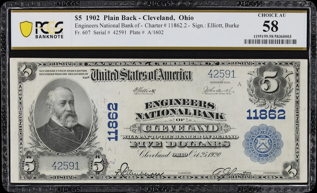 Cleveland, Ohio. $5 1902 Plain Back. Fr. 607. Engineers NB. Charter