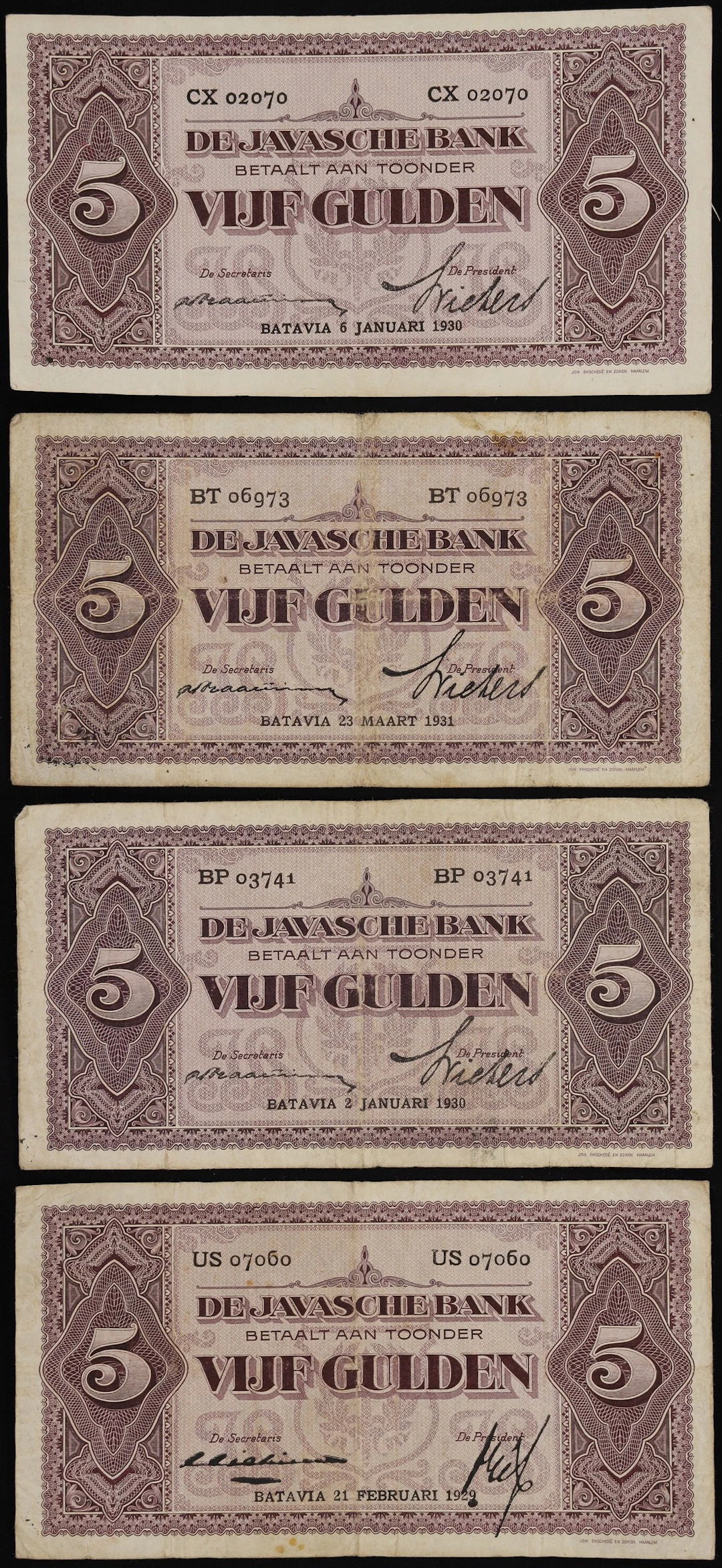 NETHERLANDS INDIES. Lot of (4). Javasche Bank. 5 Gulden, 1929-31.