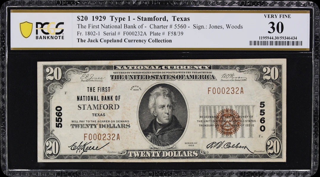 Stamford, Texas. $20 1929 Ty. 1. Fr. 1802-1. First NB. Charter #5560.