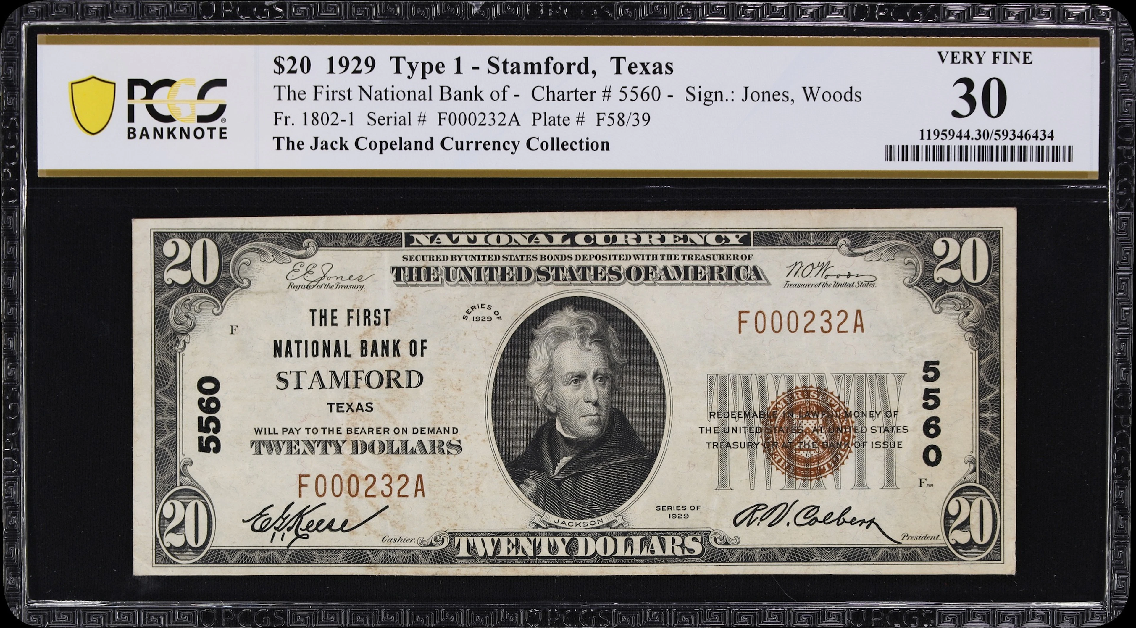 Stamford, Texas. $20 1929 Ty. 1. Fr. 1802-1. First NB. Charter #5560.