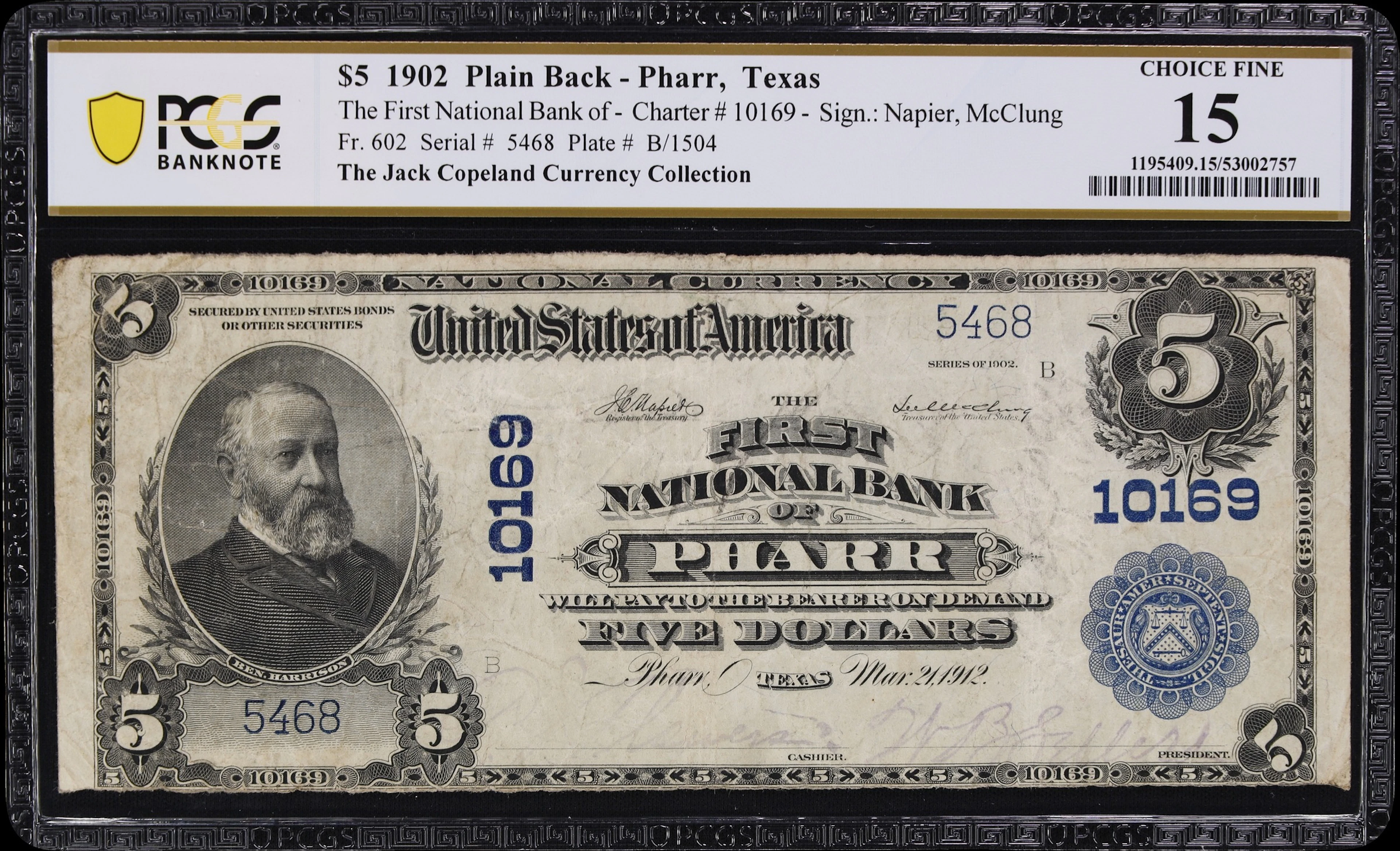 Pharr, Texas. $5 1902 Plain Back. Fr. 602. First NB. Charter #10169.