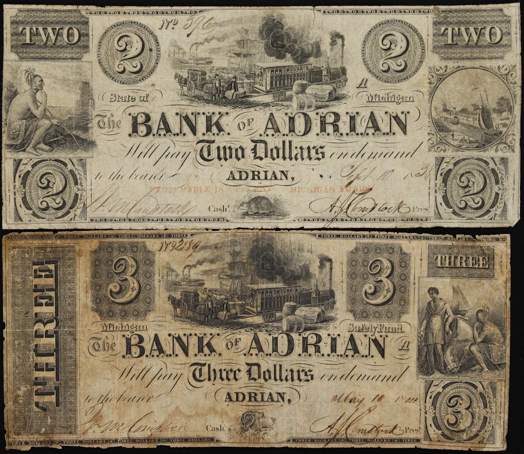 Lot of (2) Adrian, Michigan. Bank of Adrian. 1838-41 $2 & $3. Very