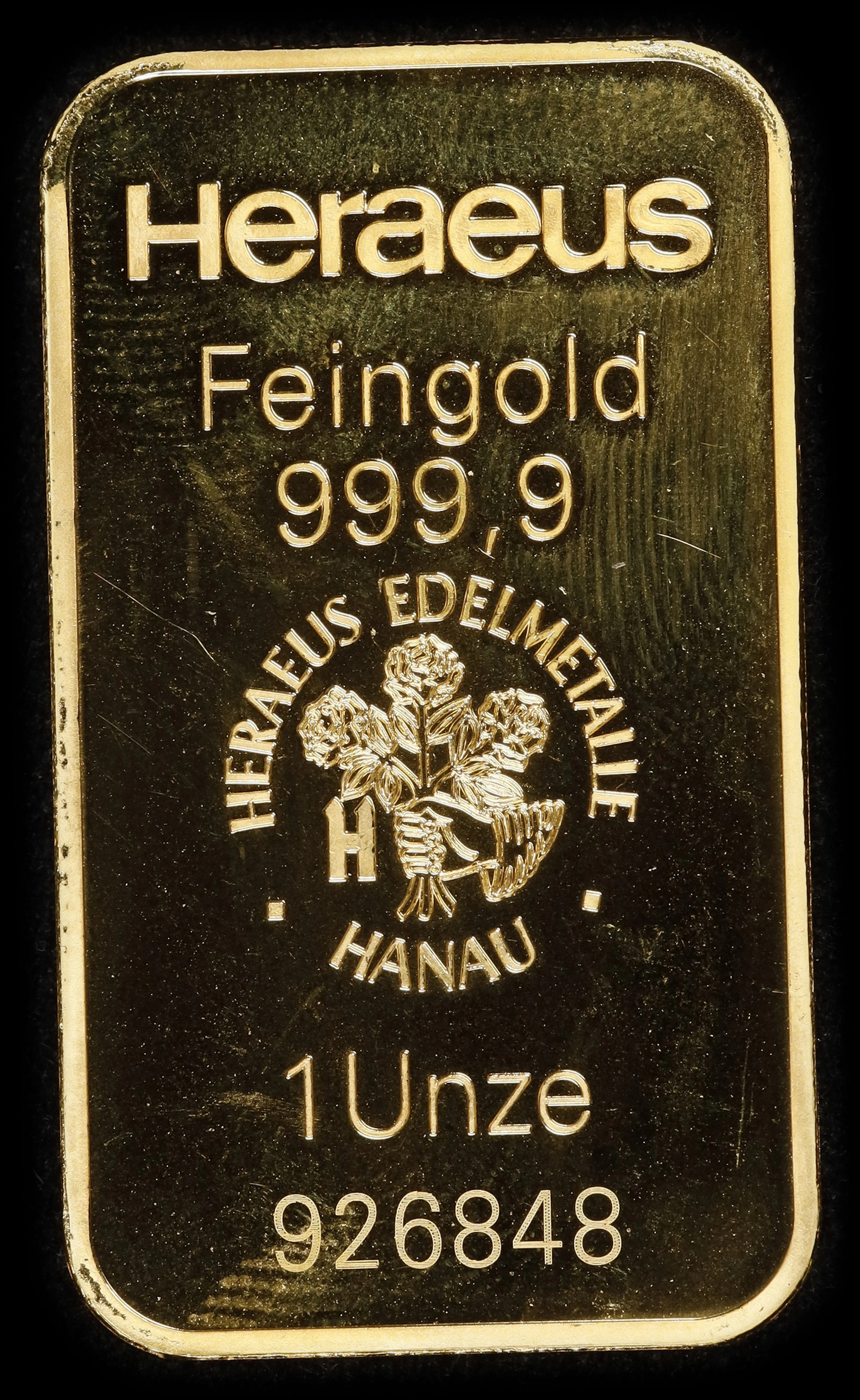 (1 oz, 31.104 g AGW). Heraeus 1 oz Gold Bar.