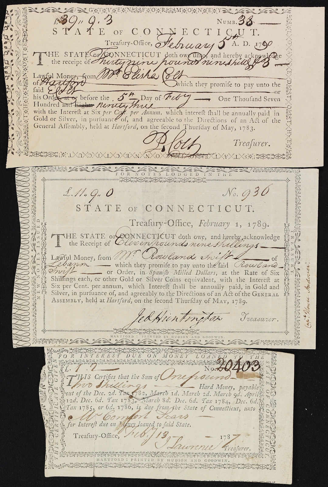 Lot of (3) Hartford, Connecticut. State of Connecticut. Treasury Warrants.