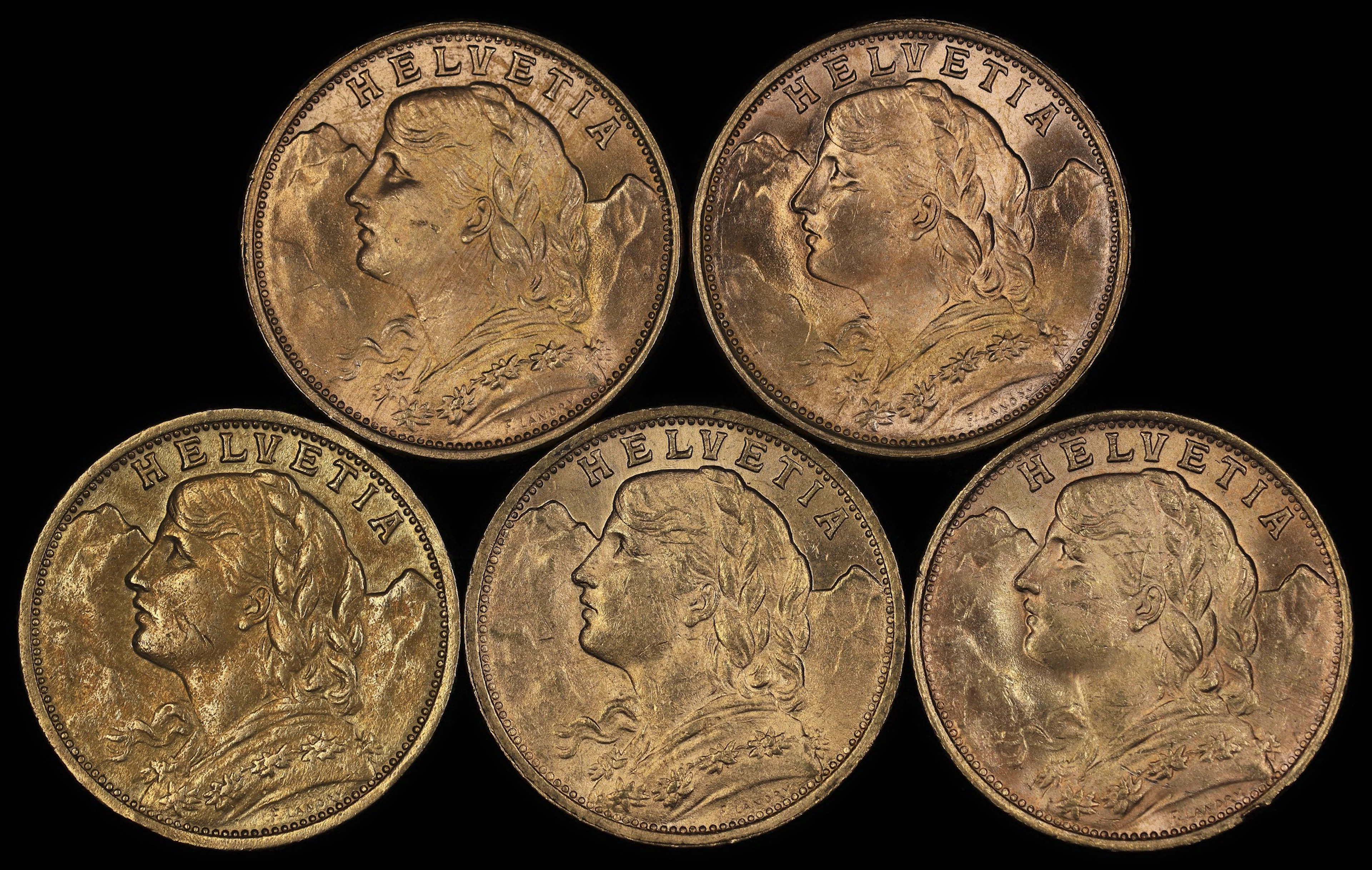 (0.935 oz, 29.082 g AGW). Switzerland. Lot of (5) Mixed Date Gold 20 Francs.