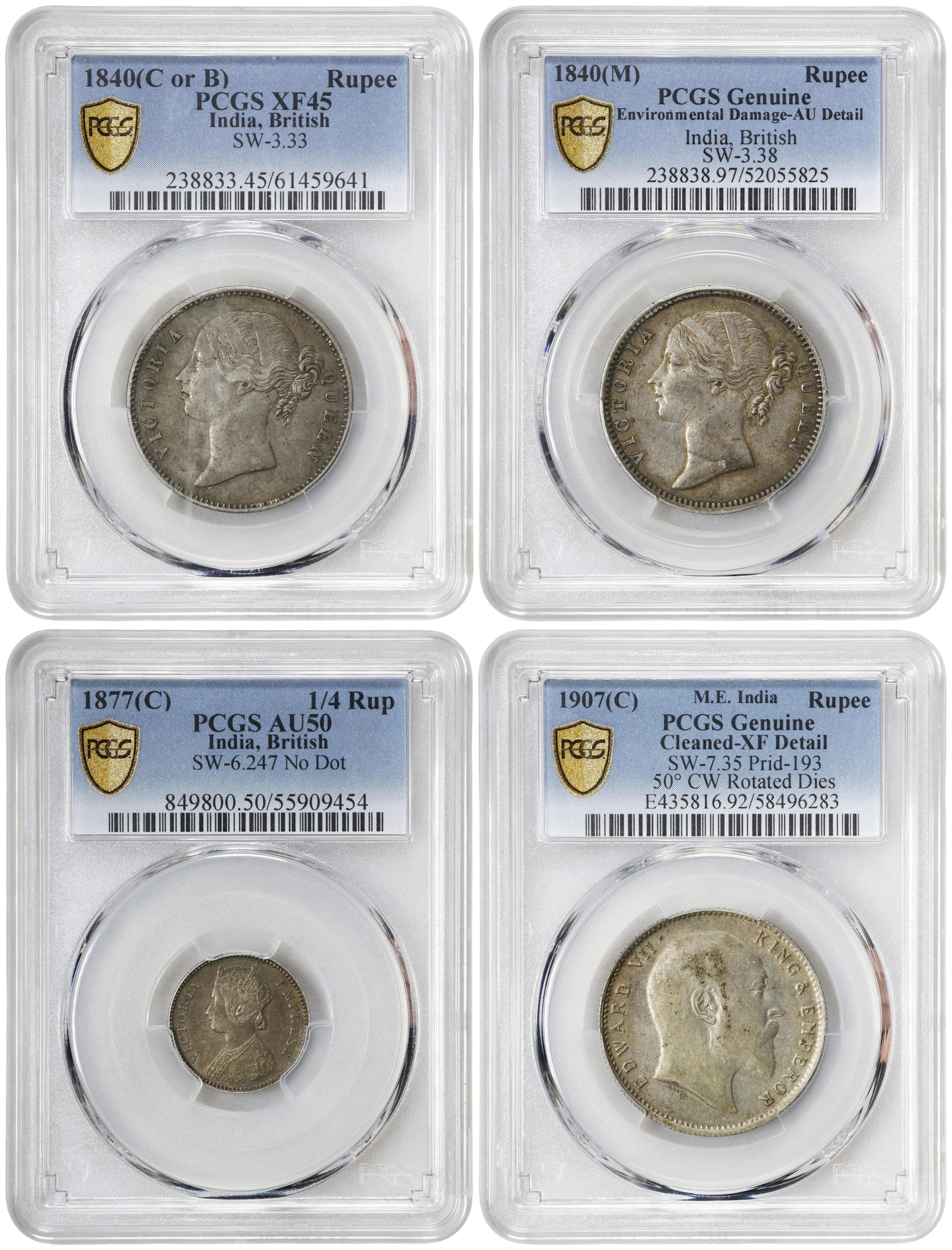 INDIA. Quartet of Mixed Denominations (4 Pieces), 1840-1907. All PCGS