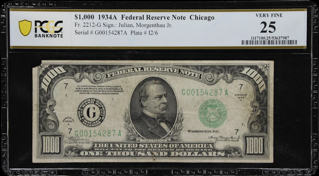 Fr. 2212-G. 1934A $1000 Federal Reserve Note. Chicago. PCGS Banknote