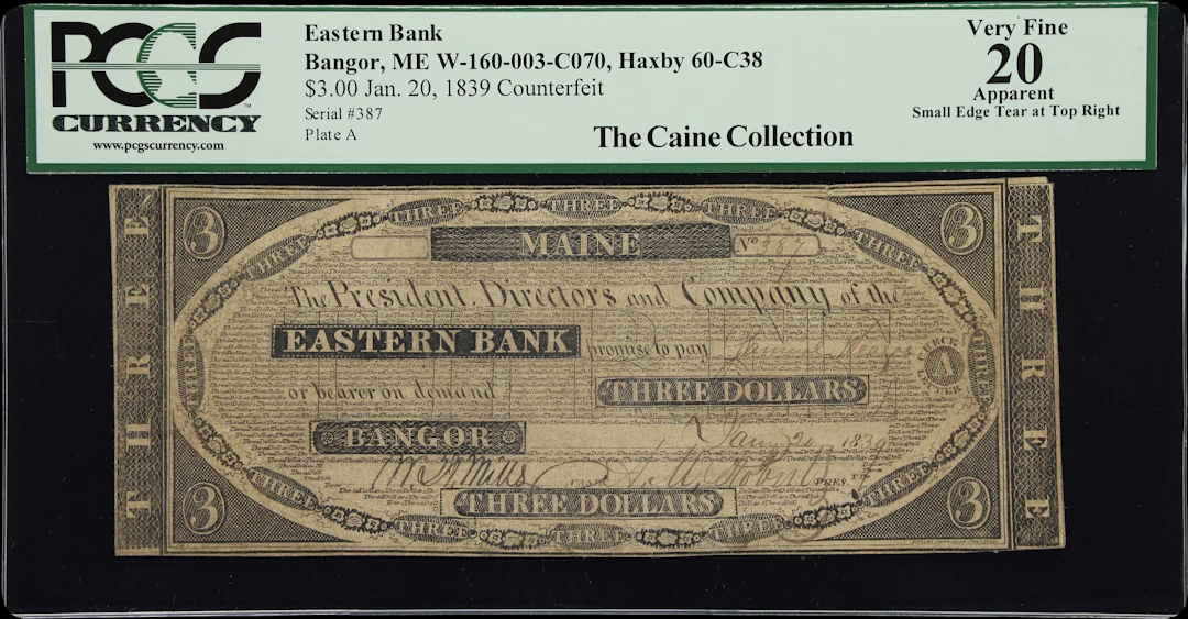 Bangor, Maine. Eastern Bank. 1839 $3. PCGS Currency Very Fine 20 Apparent.
