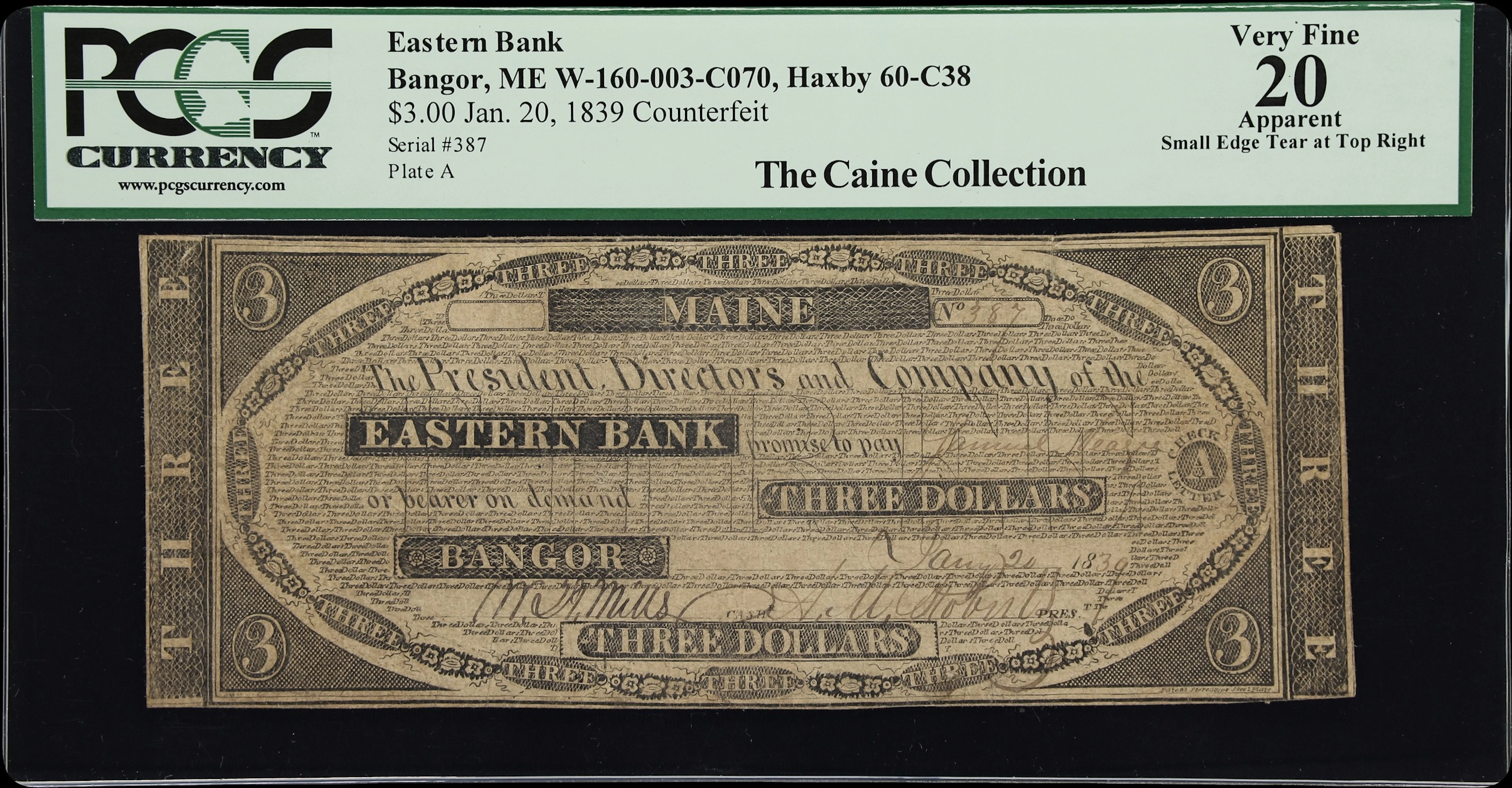 Bangor, Maine. Eastern Bank. 1839 $3. PCGS Currency Very Fine 20 Apparent.