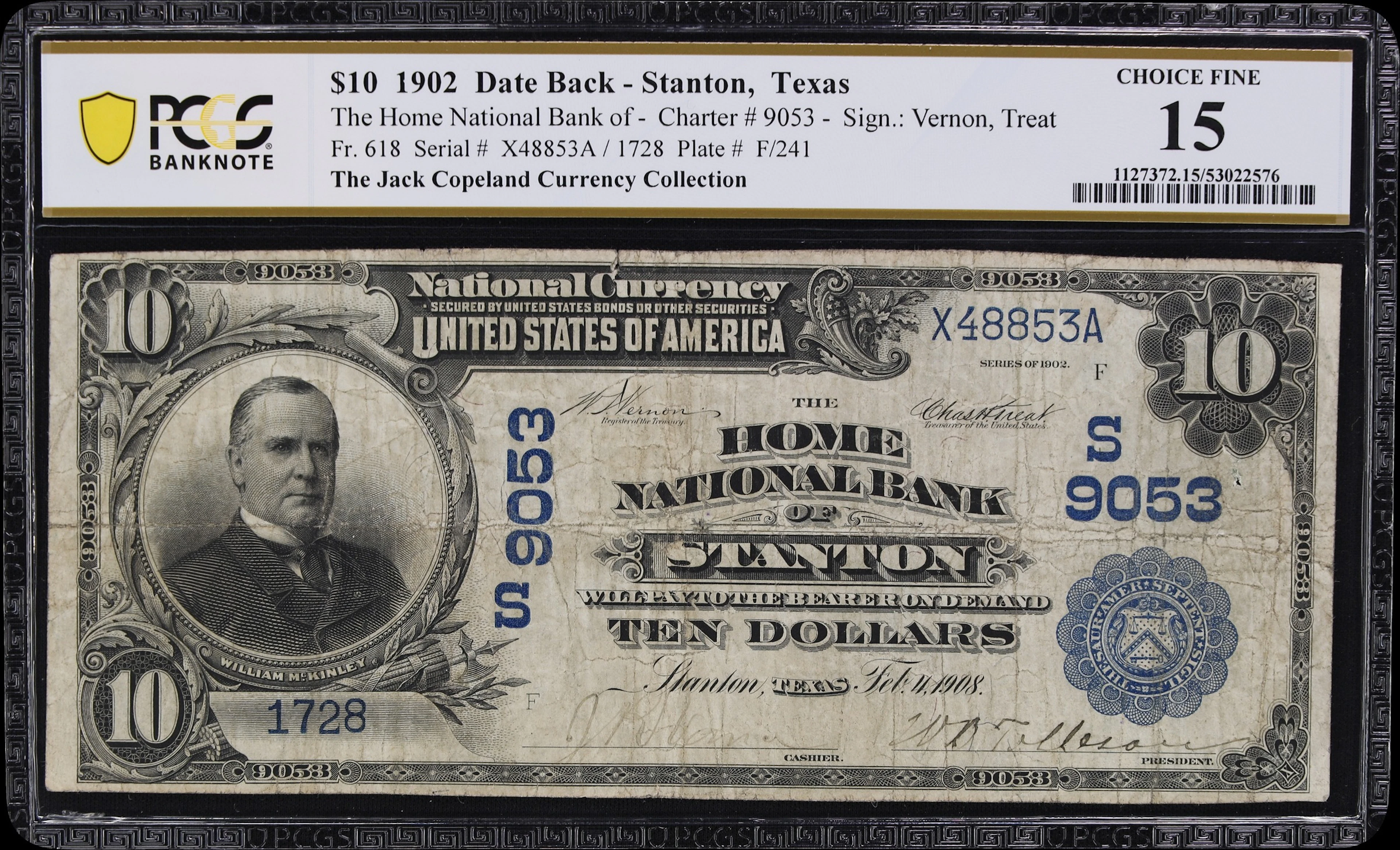 Stanton, Texas. $10 1902 Date Back. Fr. 618. Home NB. Charter #9053.