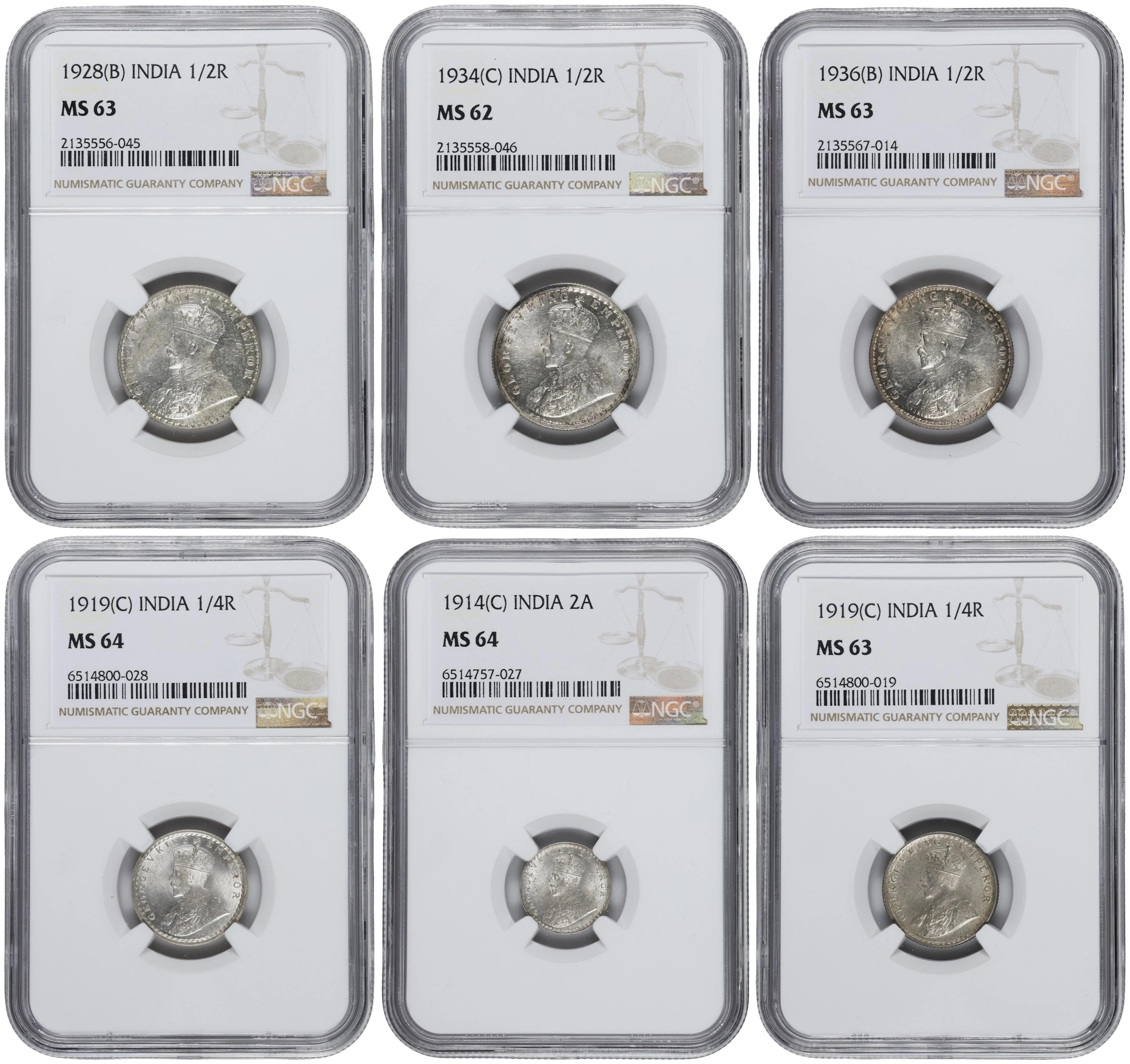 INDIA. Sextet of Silver Denominations (6 Pieces), 1914-36. George
