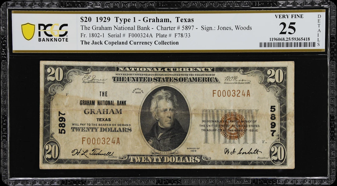 Graham, Texas. $20 1929 Ty. 1. Fr. 1802-1. Graham NB. Charter #5897.