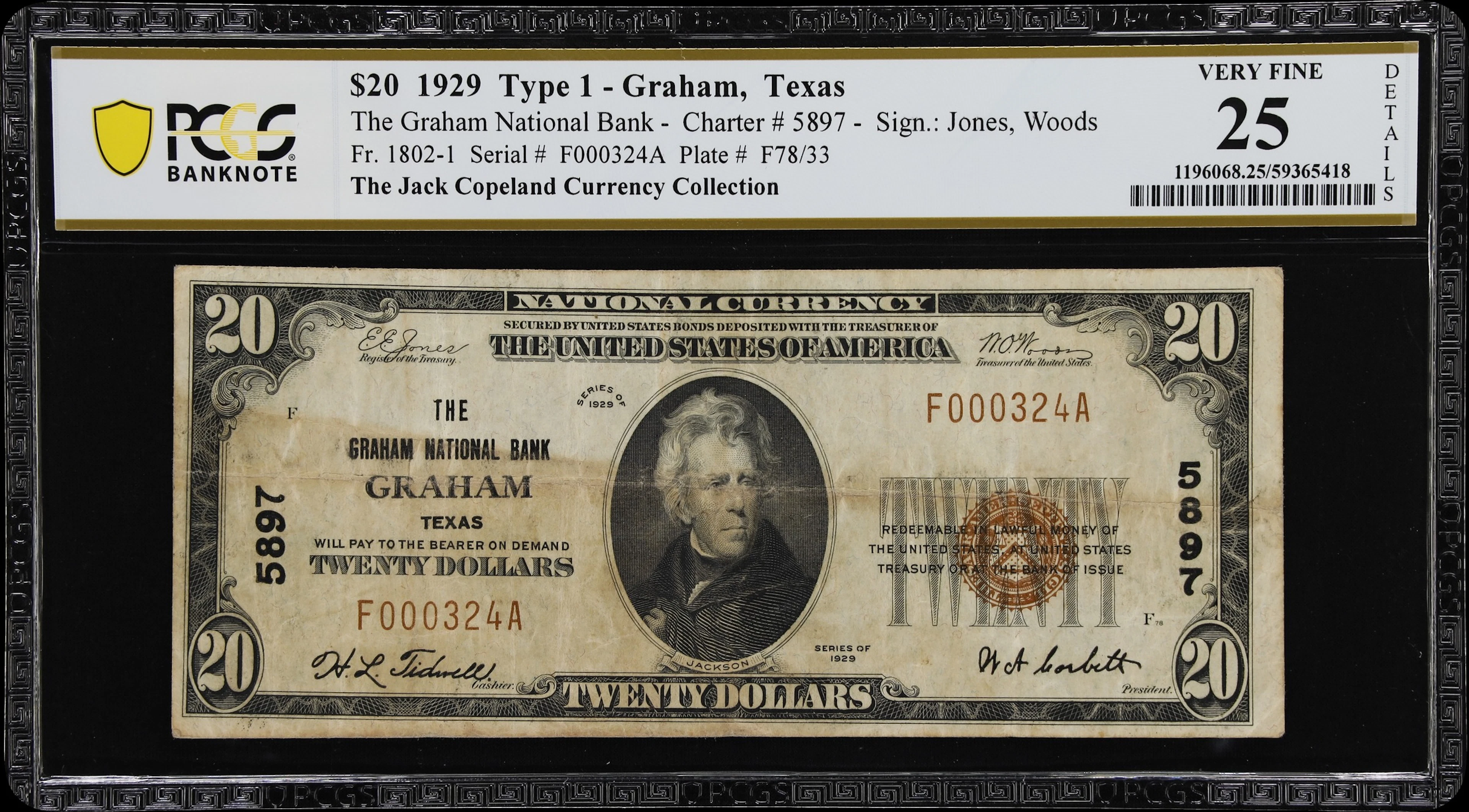 Graham, Texas. $20 1929 Ty. 1. Fr. 1802-1. Graham NB. Charter #5897.