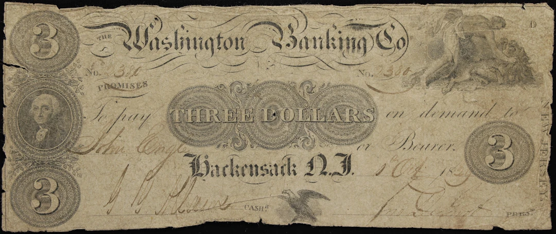 Hackensack, New Jersey. Washington Banking Company. 1829 $3. Very Good.