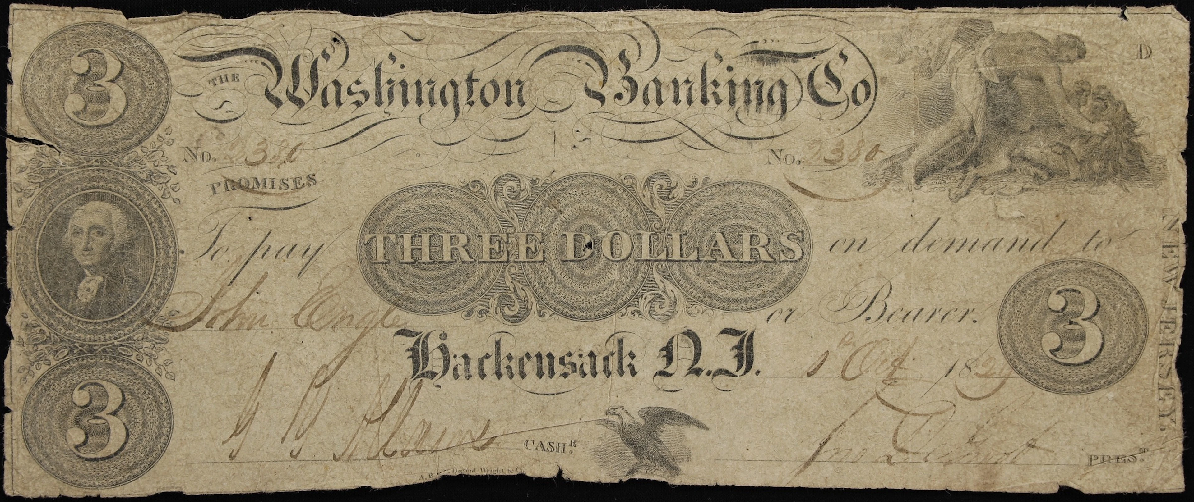Hackensack, New Jersey. Washington Banking Company. 1829 $3. Very Good.