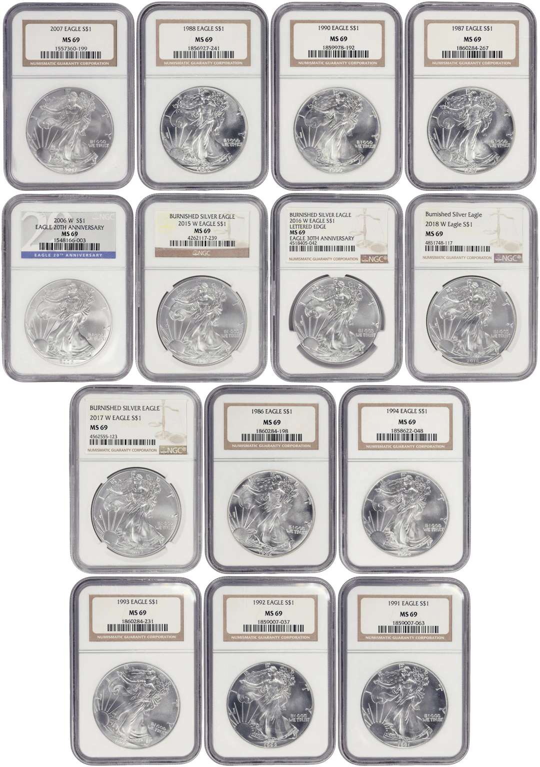 (14 oz, 435.456 g ASW). Lot of (14) Mixed Date American Silver Eagles.