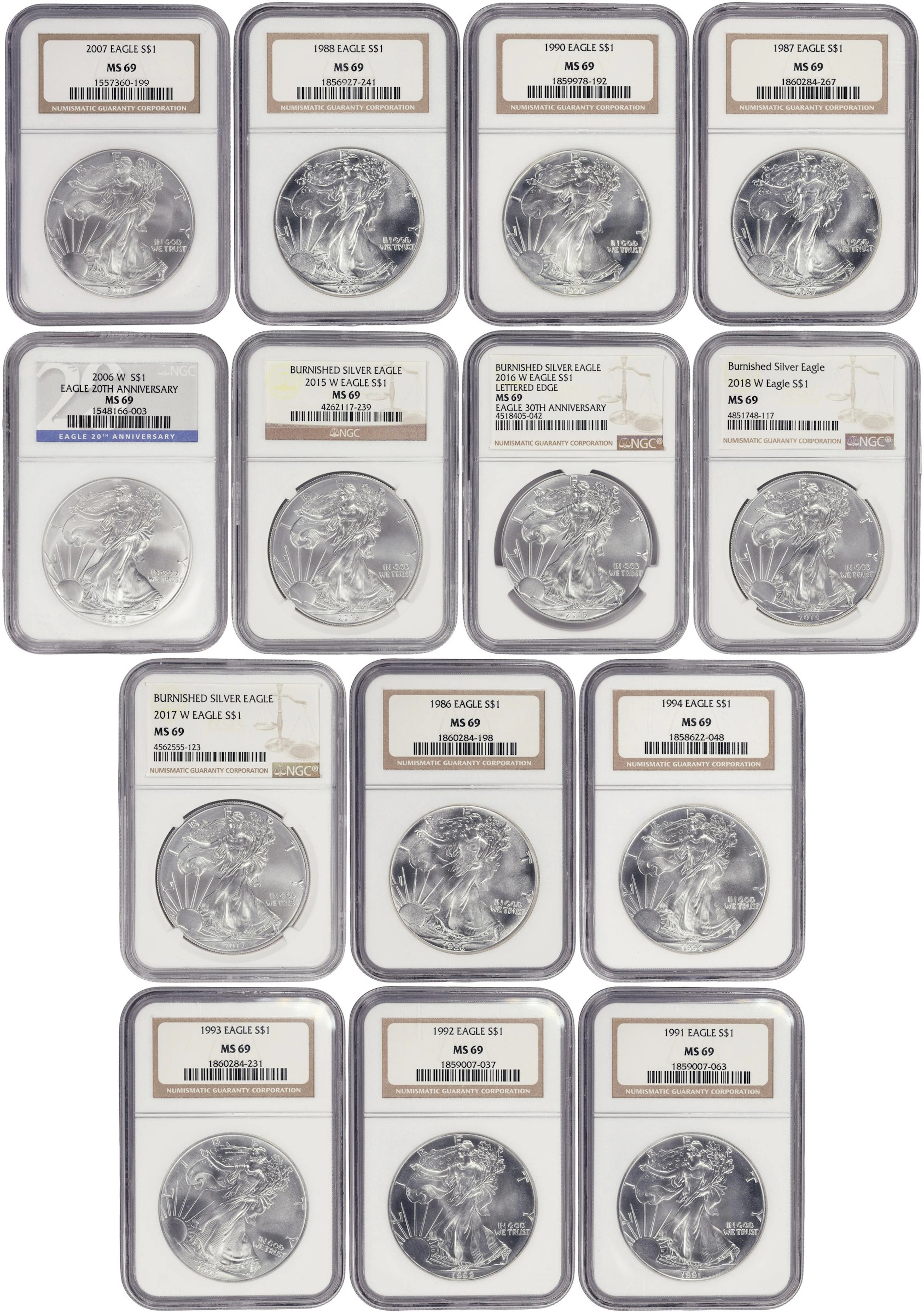 (14 oz, 435.456 g ASW). Lot of (14) Mixed Date American Silver Eagles.