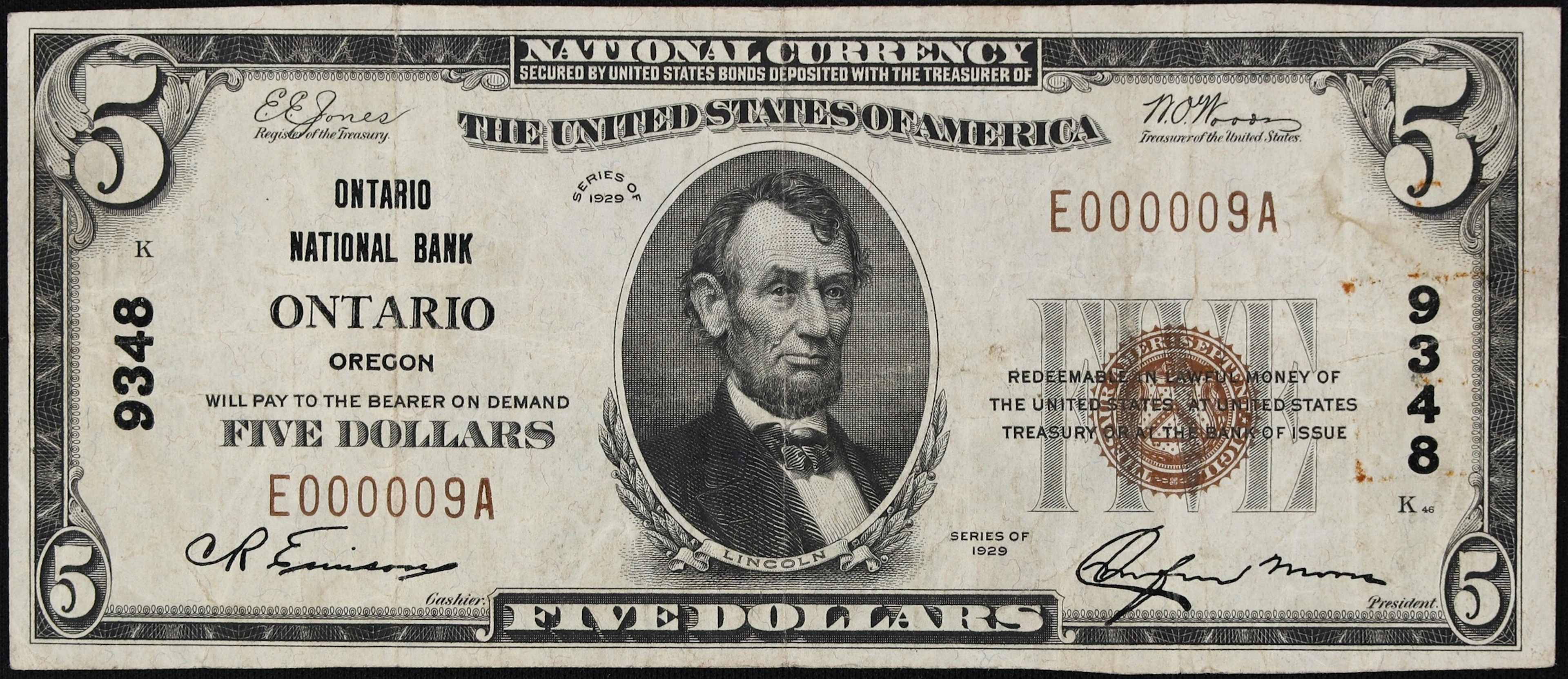 Ontario, Oregon. $5 1929 Ty. 1. Fr. 1800-1. The Ontario NB. Charter