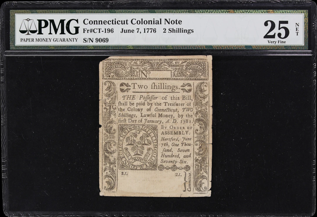CT-196. Connecticut. June 7, 1776. 2 Shillings. PMG Very Fine 25 Net.